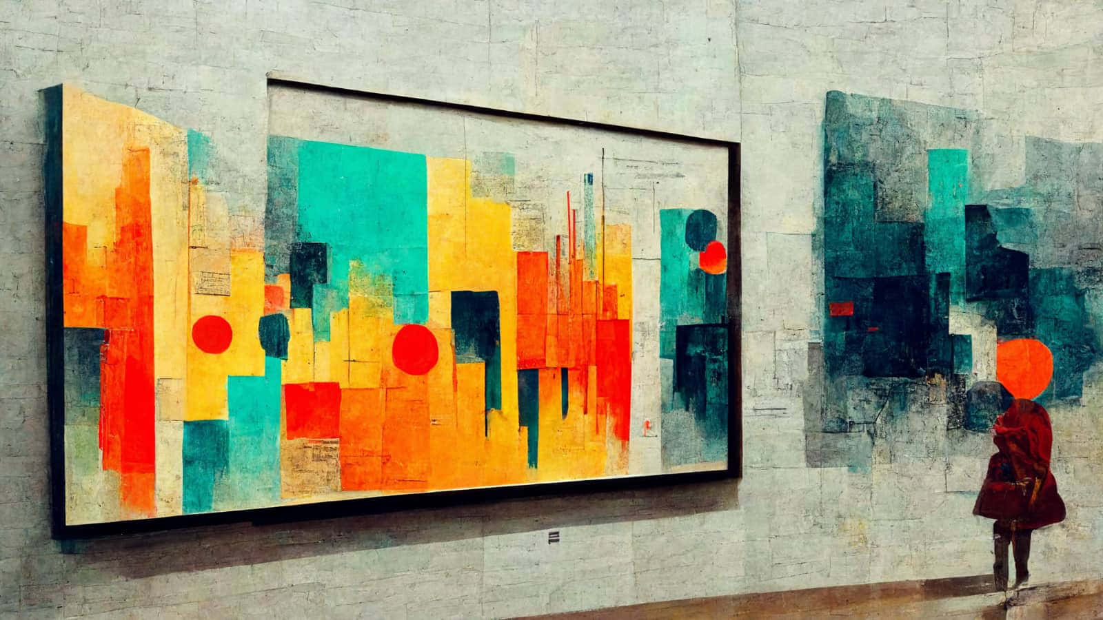Midjourney 桌布 壁紙 — 一個孤獨的身影穿著紅色外套，站在一幅大型抽象畫前，畫作上有大膽的橙色、藍綠色和黑色幾何形狀，掛在紋理豐富的畫廊牆上。