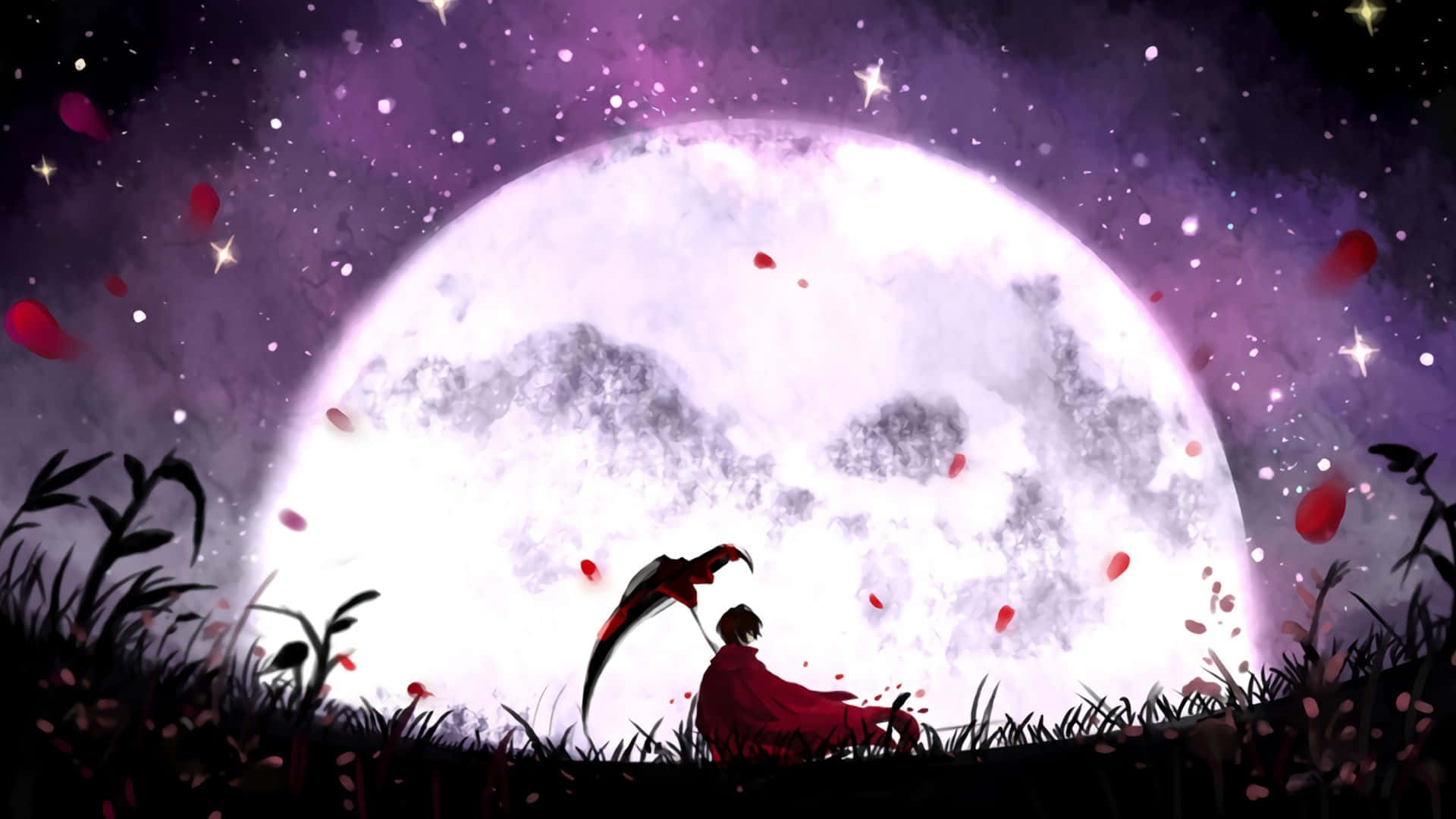 Rwby 桌布 壁紙 — 一個孤獨的身影穿著紅色斗篷坐在巨大的發光月亮下，紅色花瓣在繁星點點的紫色天空中飄蕩。
