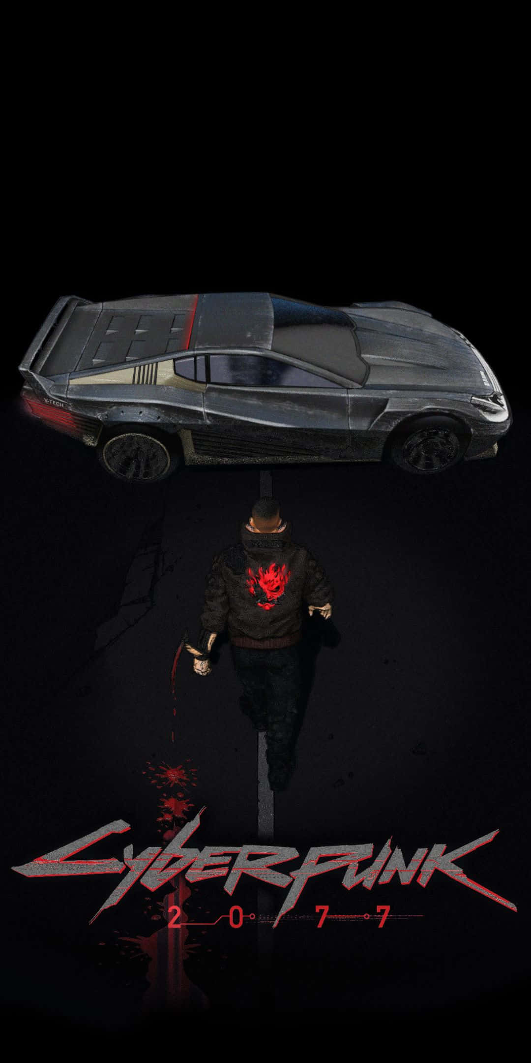 Pixel 3 Cyberpunk 2077 桌布 壁紙 — 一個孤獨的身影穿著紅色火焰連帽衫，在 Cyberpunk 2077 標誌下走向一輛時尚的銀色跑車。