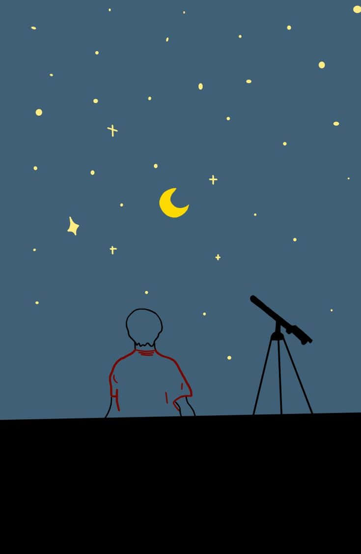 Stars 桌布 壁紙 — 一個孤獨的身影穿著紅色襯衫，仰望星空，旁邊有一彎新月和望遠鏡。