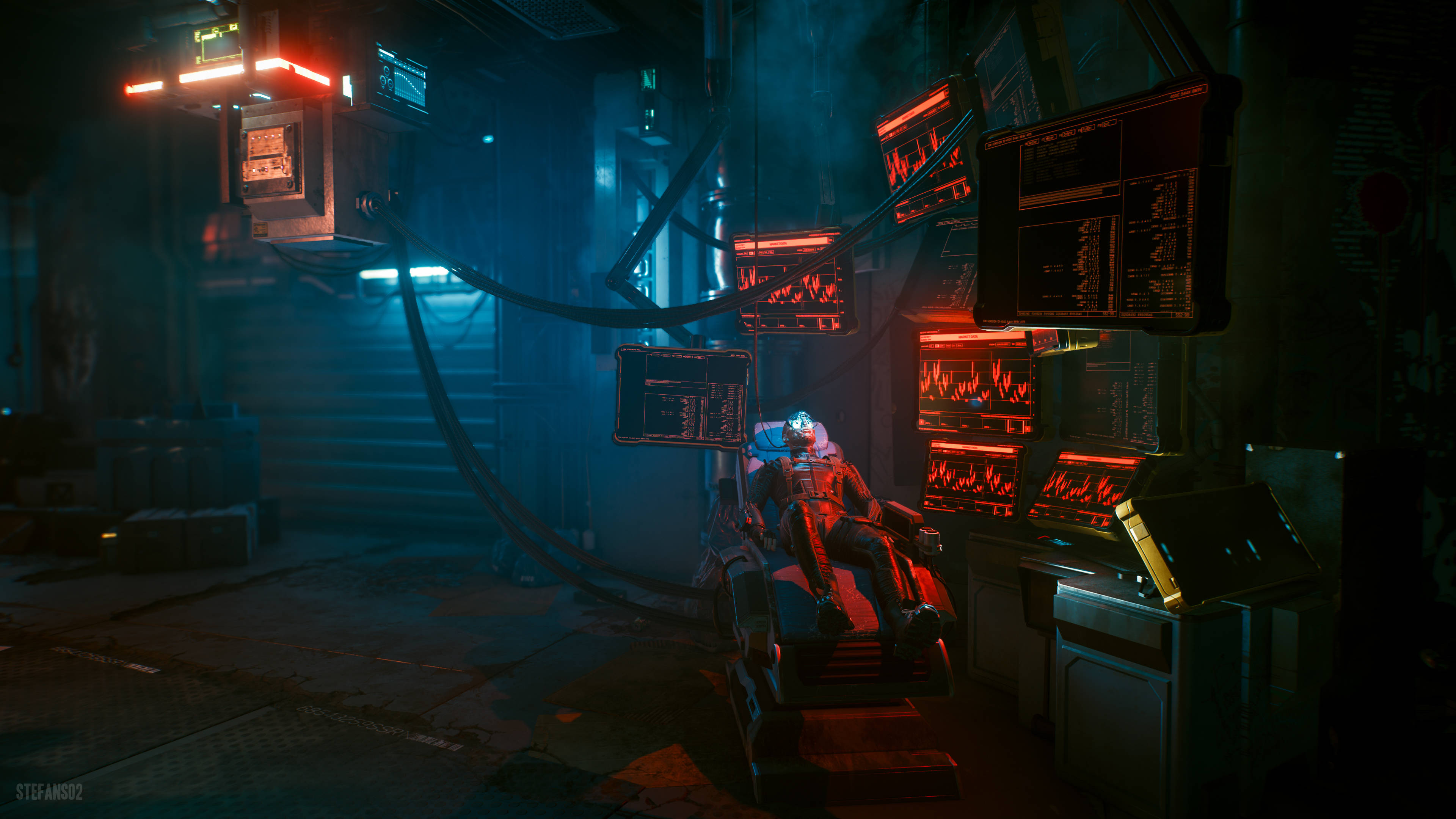 Cyberpunk Desktop 桌布 壁紙 — 一個孤獨的身影穿著紅色西裝，在昏暗的賽博龐克實驗室中，躺在一張被發光紅色顯示器環繞的未來主義椅子上。