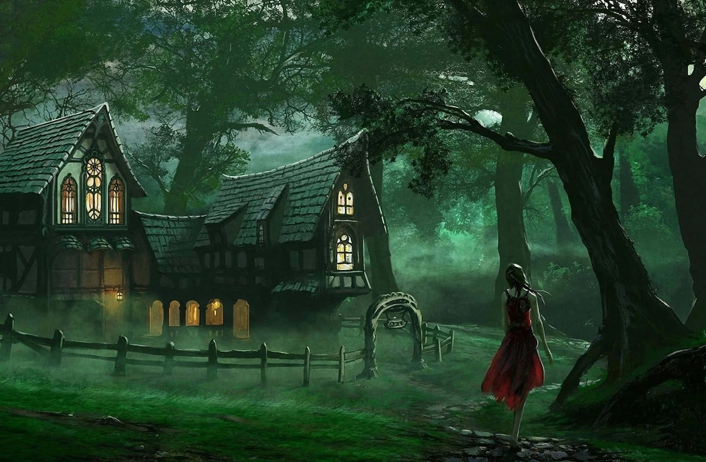一個穿著紅色連衣裙的女人在夜晚走向霧氣森林中的發光房子。 — 看臉時代 GIF 壁紙