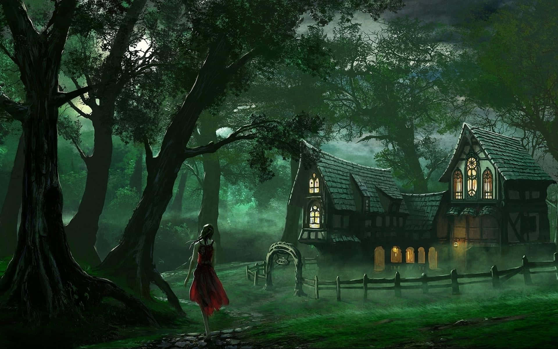 Fairy Tale 桌布 壁紙 — 一個孤獨的身影穿著紅色連衣裙，在夜晚走向一座坐落在迷霧綠色森林中的神秘發光房子。