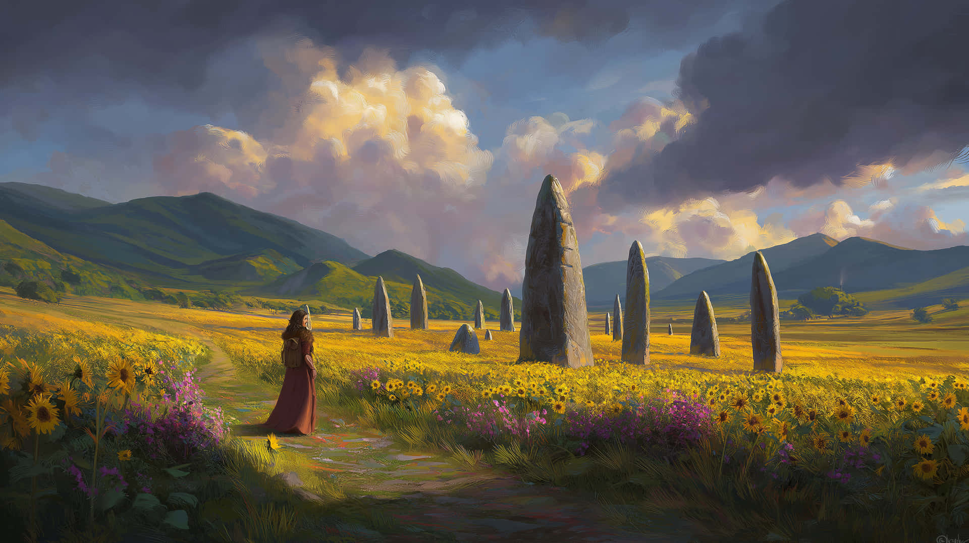 Enigmatic Monoliths in a Sunflower Field at Dusk 壁紙 — 一個孤獨的身影穿著紅色長袍，在戲劇性的多雲天空下，沿著石徑穿過向日葵田，走向古老的立石。