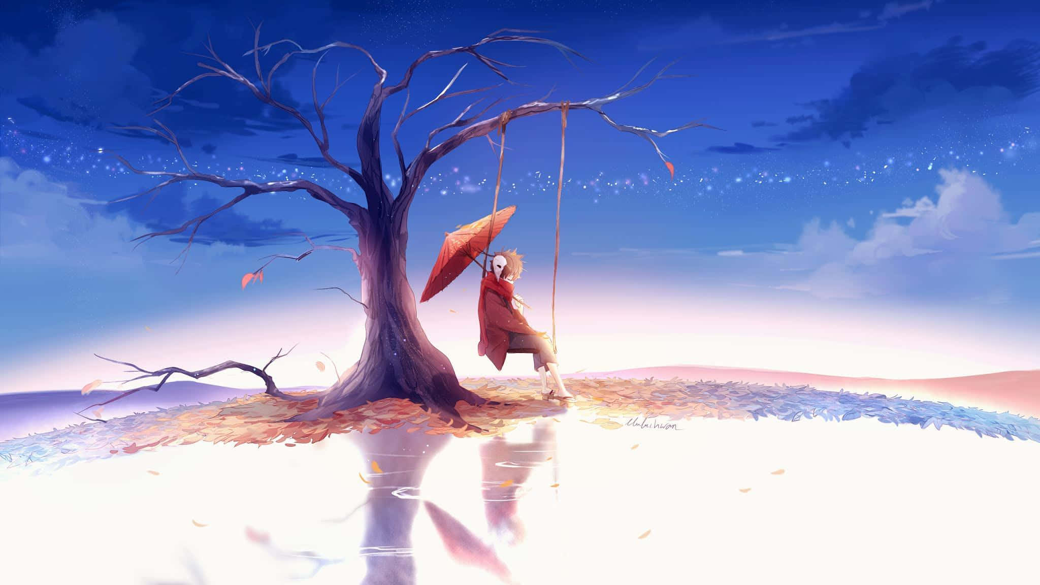 Animated 桌布 壁紙 — 一個孤獨的身影穿著紅色長袍，坐在一棵光禿禿的樹下的鞦韆上，在落葉紛飛的暮色天空中撐著一把橙色雨傘。