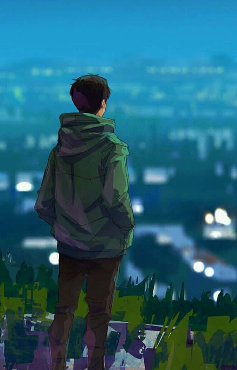 Bad Boy Anime 桌布 壁紙 — 一個孤獨的身影穿著綠色連帽衫，站在山頂上俯瞰暮色中閃爍的城市景觀。