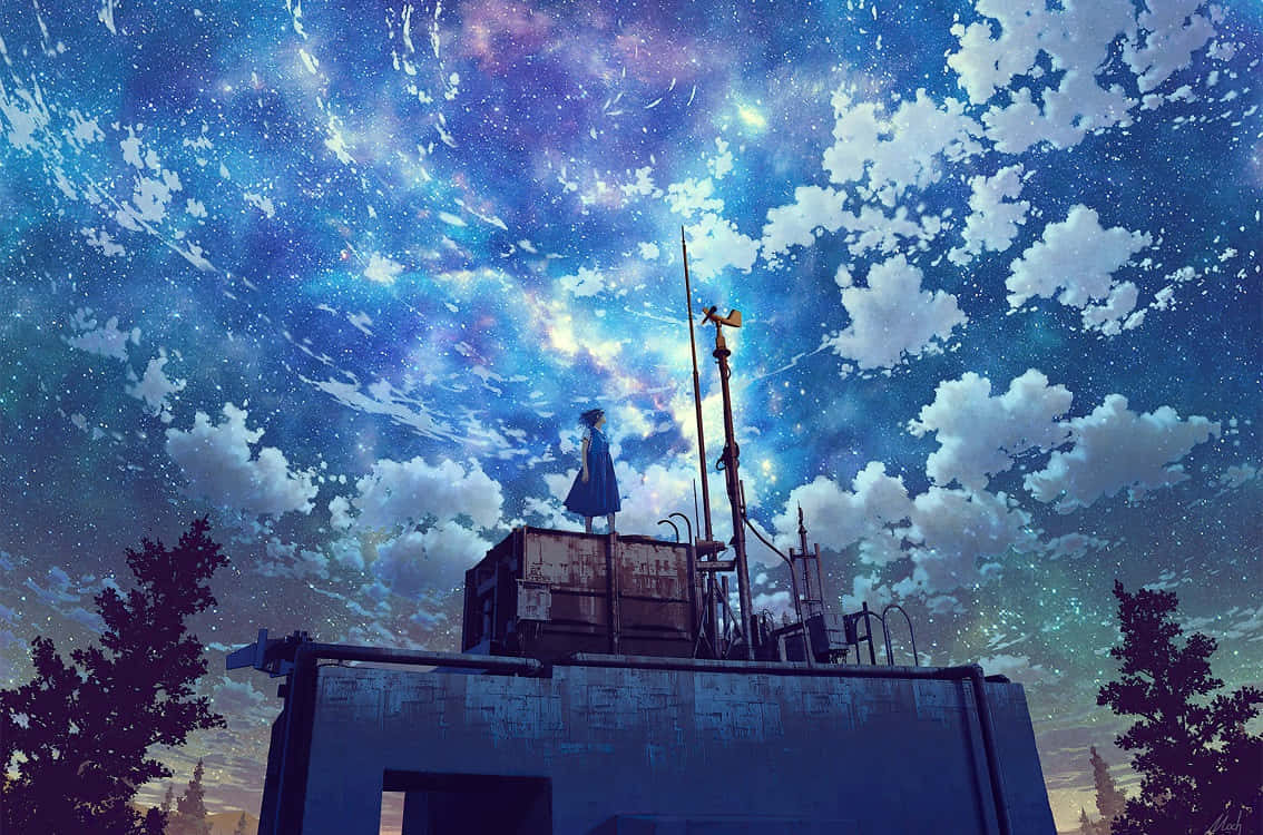 4K Anime Space 桌布 壁紙 — 一個孤獨的身影穿著藍色外套，站在一個風化的屋頂上，下方是令人嘆為觀止的宇宙天空，充滿了星星和旋轉的星雲。
