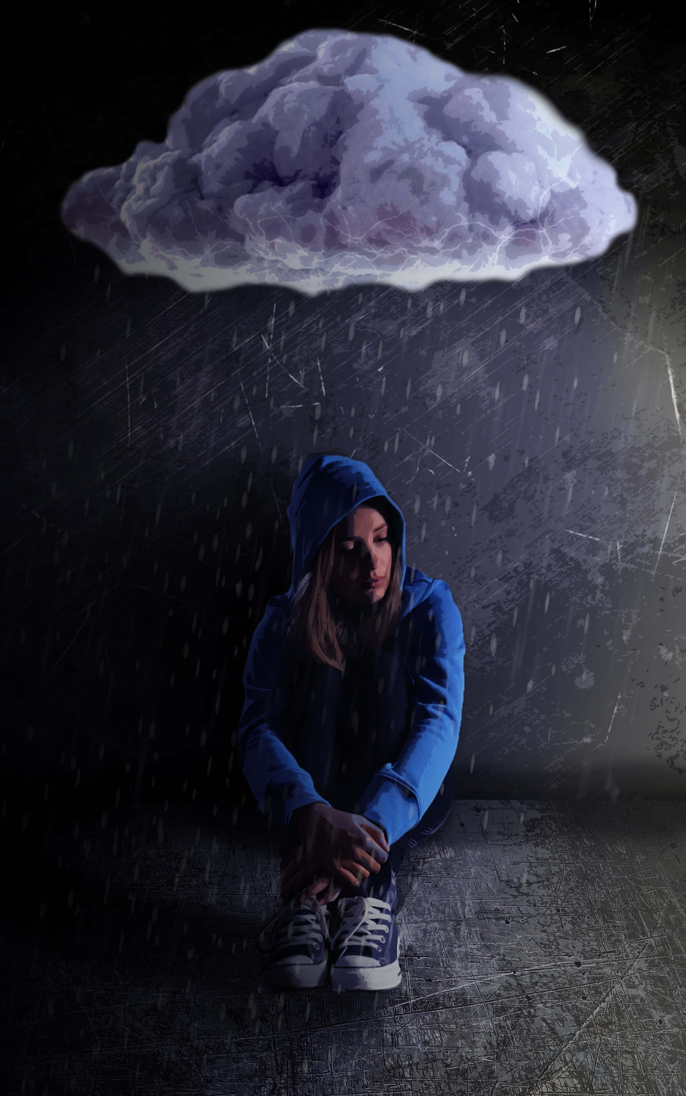 Emotional 桌布 壁紙 — 一個孤獨的身影穿著藍色連帽衫，坐在一條黑暗骯髒的小巷裡，頭頂上發光的紫色雲朵正在下雨。