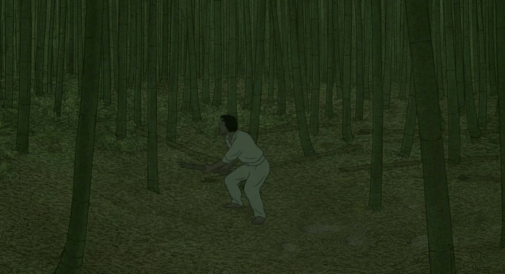 The Red Turtle 桌布 壁紙 — 一個孤獨的身影穿著輕便服裝，在昏暗燈光下謹慎地穿過茂密陰暗的竹林。