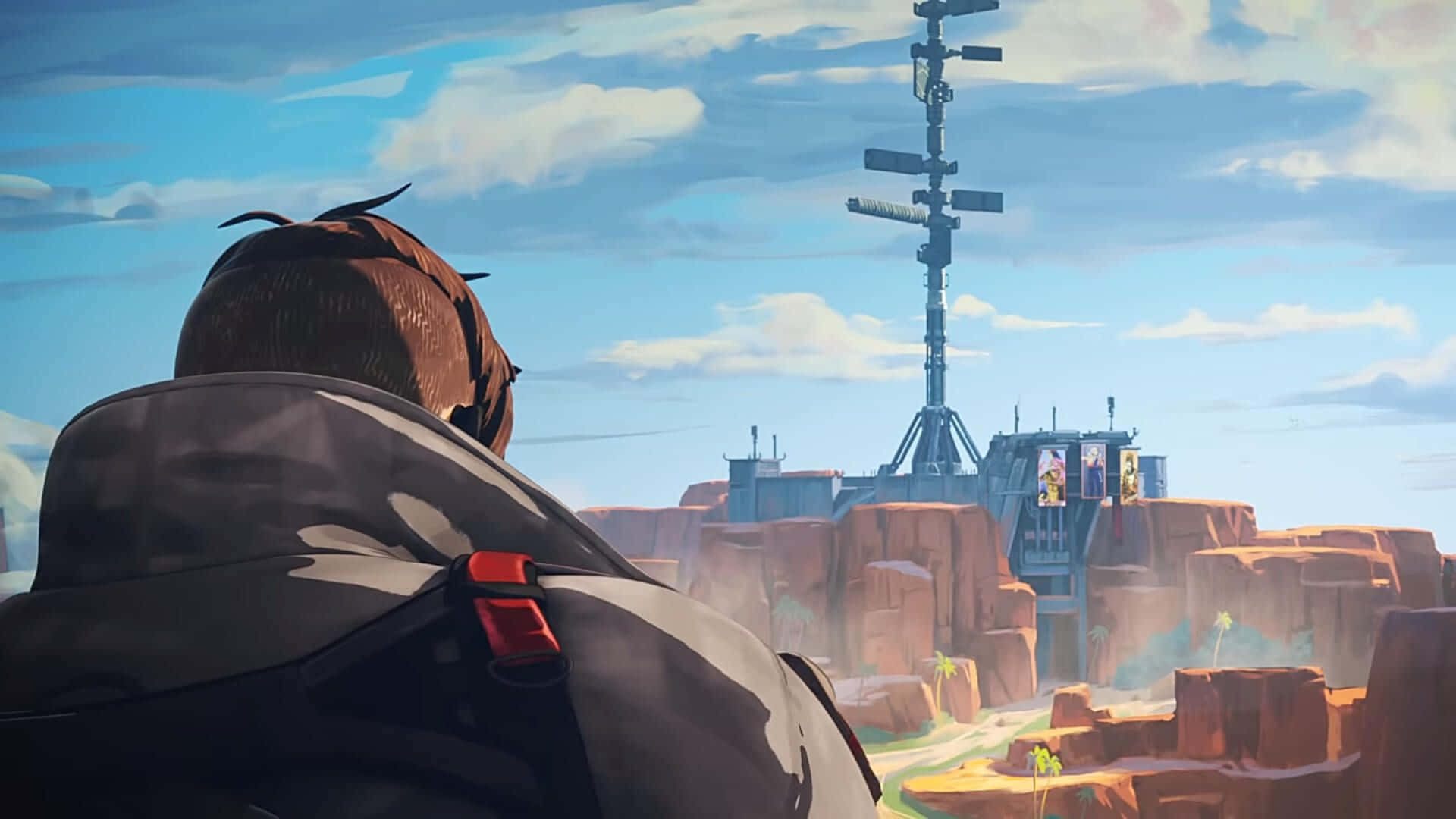Apex Legends Crypto 桌布 壁紙 — 一個孤獨的身影穿著連帽外套，凝視著從陽光照耀的沙漠峽谷中升起的宏偉無線電塔。