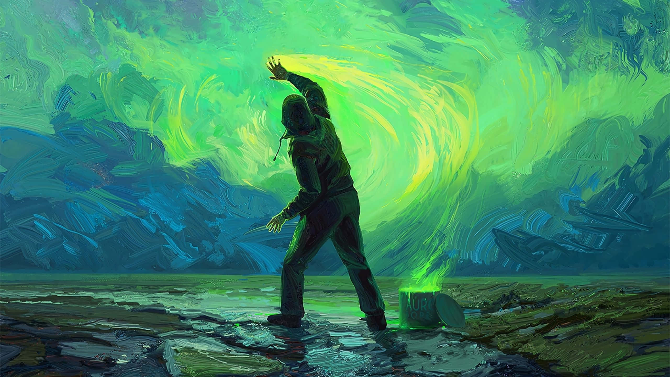 Visual Art 桌布 壁紙 — 一個孤獨的身影穿著連帽服裝站在岩石海岸上，雙臂高舉，鮮綠色的能量在他們上方旋轉，映襯著暴風雨的藍天。