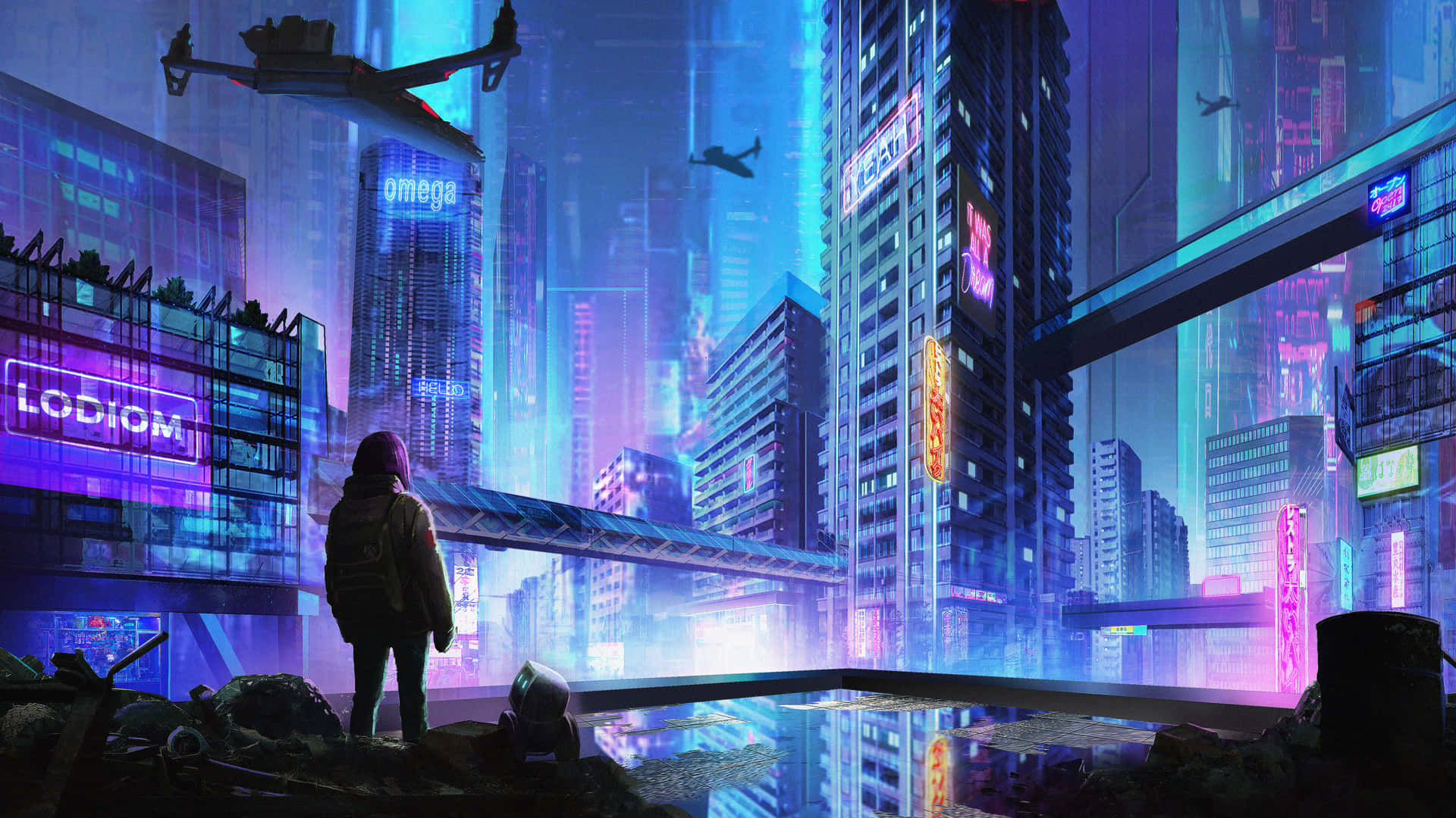 Cyberpunk Laptop 桌布 壁紙 — 一個孤獨的身影穿著連帽衫，站在廢墟屋頂上，俯瞰著發光的霓虹賽博龐克城市景觀，有飛行車輛和高聳的摩天大樓。
