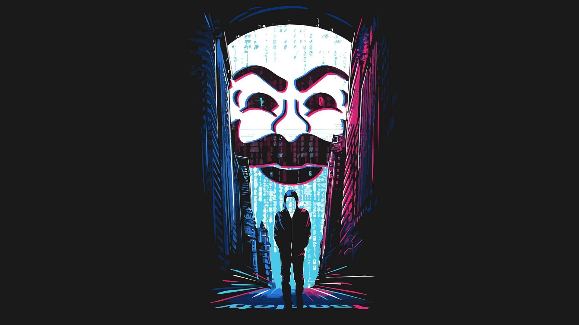 Hacker Full HD 桌布 壁紙 — 一個孤獨的身影穿著連帽衫，站在霓虹燈照亮嘅城市小巷中，一個巨大發光嘅蓋伊·福克斯面具下面。