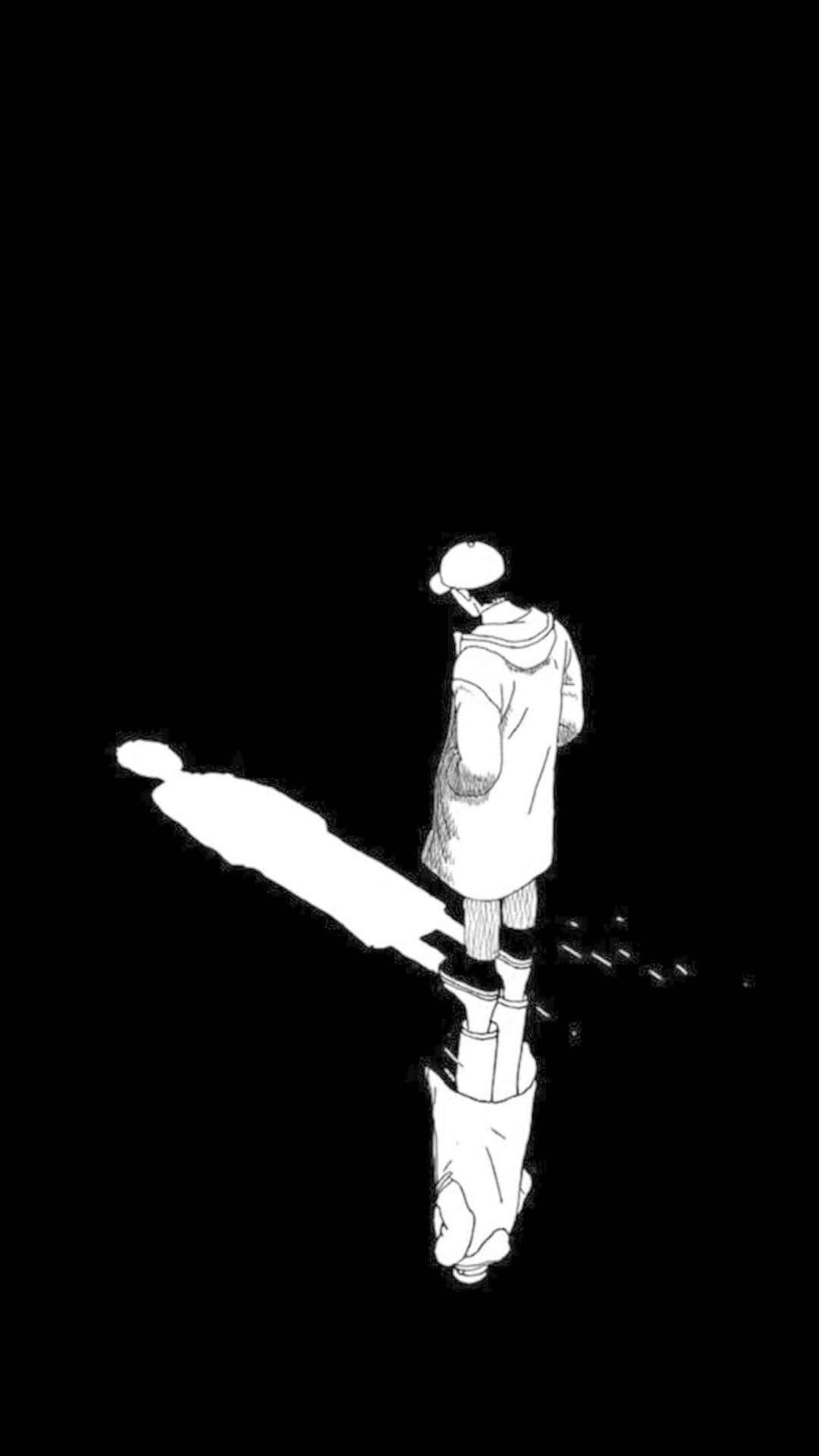 Alone 桌布 壁紙 — 一個孤獨的身影穿著連帽衫和帽子，站在黑色虛空中，旁邊有一道明顯的白色影子延伸。