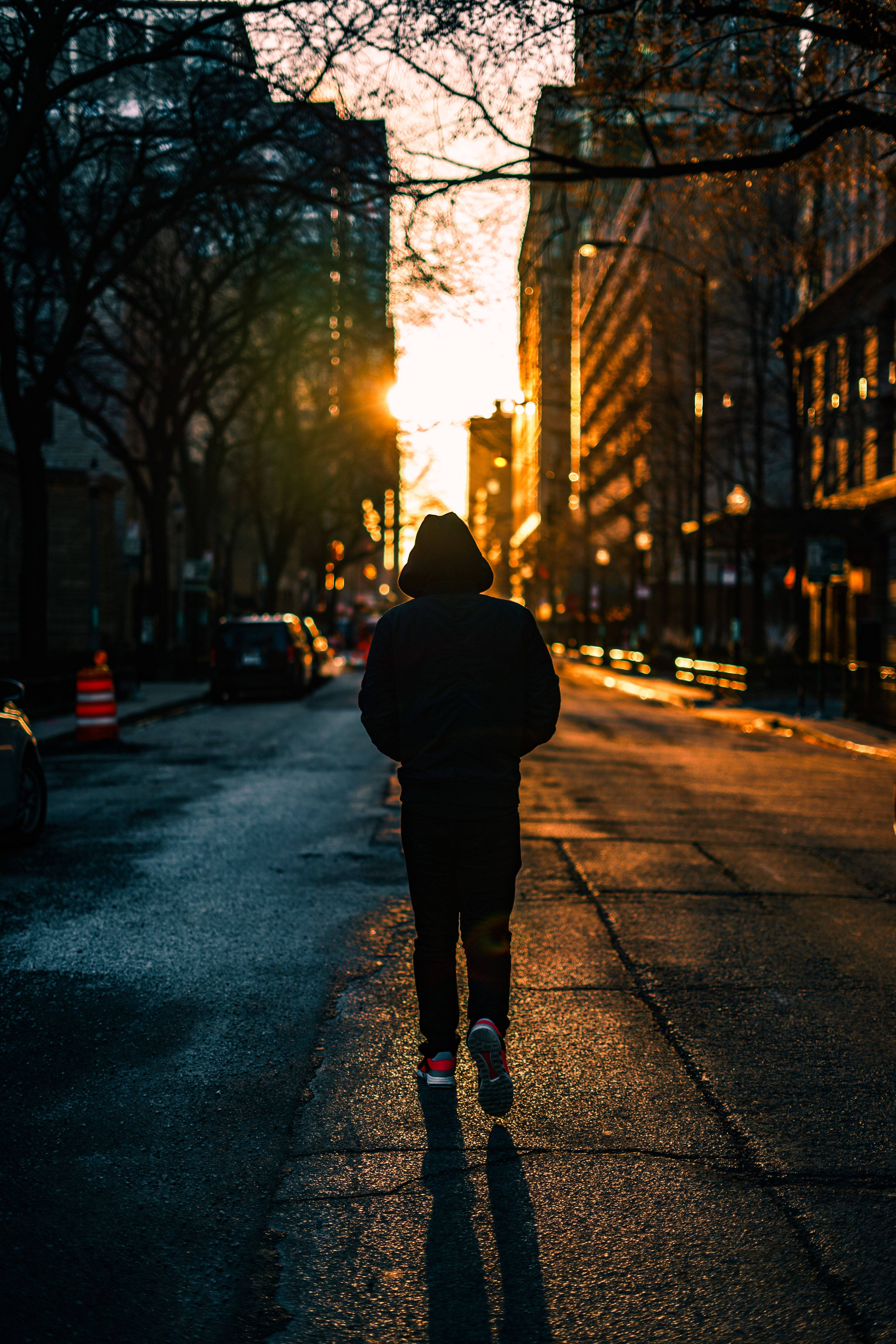 Person 桌布 壁紙 — 一個孤獨的身影穿著連帽衫走在濕漉漉的城市街道上，金色的夕陽光線穿過光禿禿的樹木。