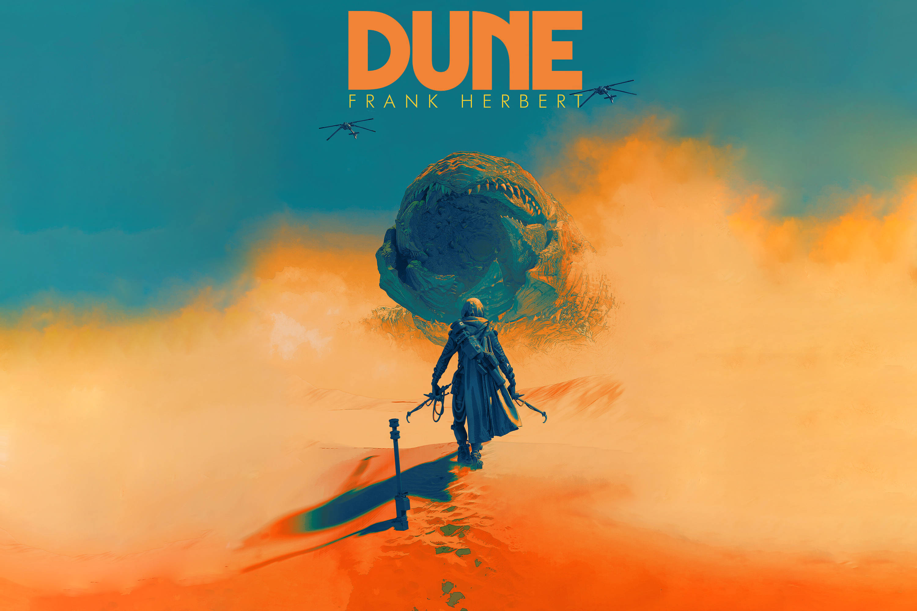 Dune 桌布 壁紙 — 一個孤獨的身影穿著長外套，穿越沙漠，走向一隻從橙色雲層中出現的巨大沙蟲，天空是青綠色。