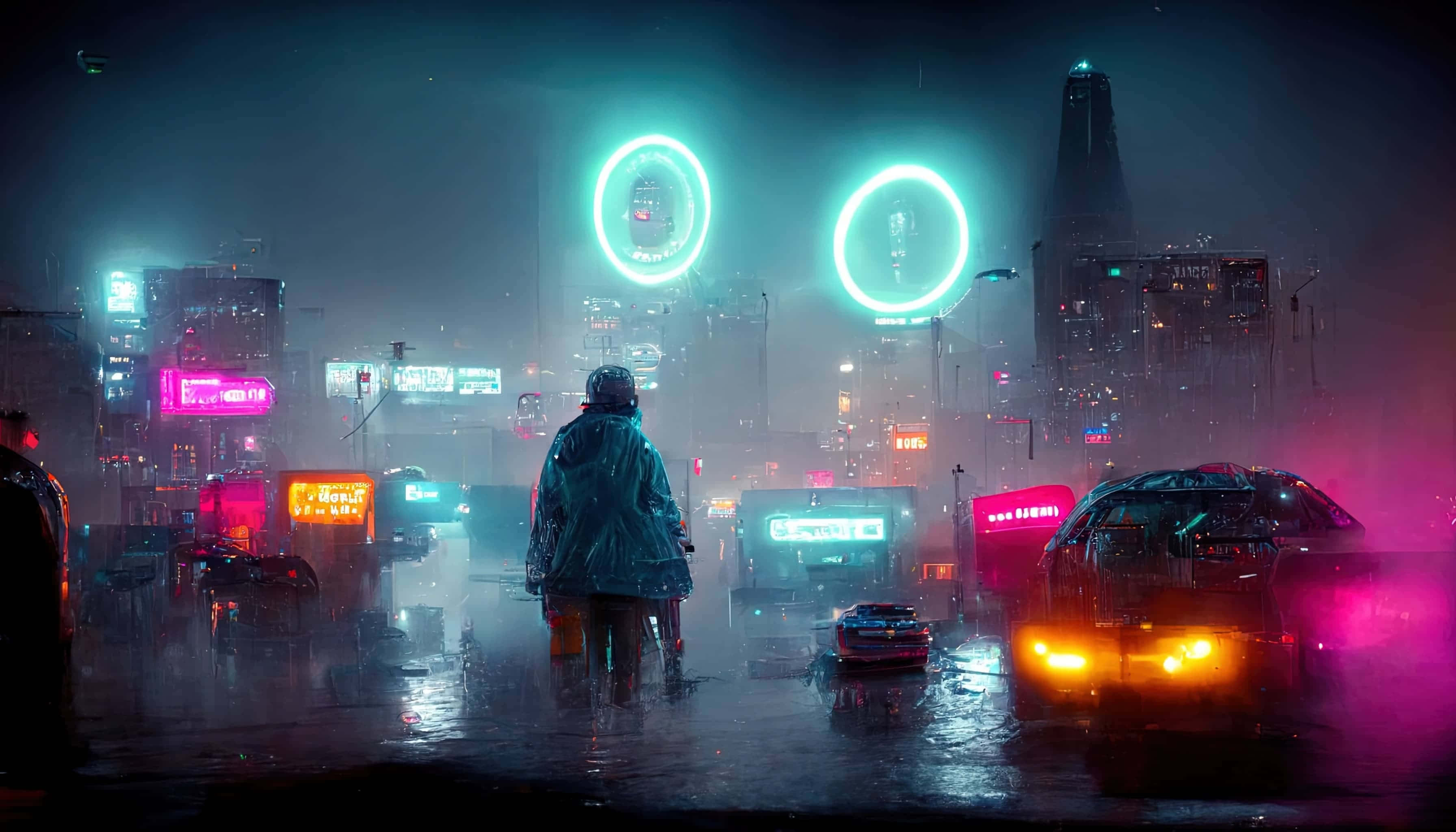 下雨 桌布 壁紙 — 一個孤獨的身影穿著雨衣，在夜晚穿過一條充滿霓虹燈的賽博龐克城市街道，周圍有發光的圓形標誌和潮濕反光的路面。