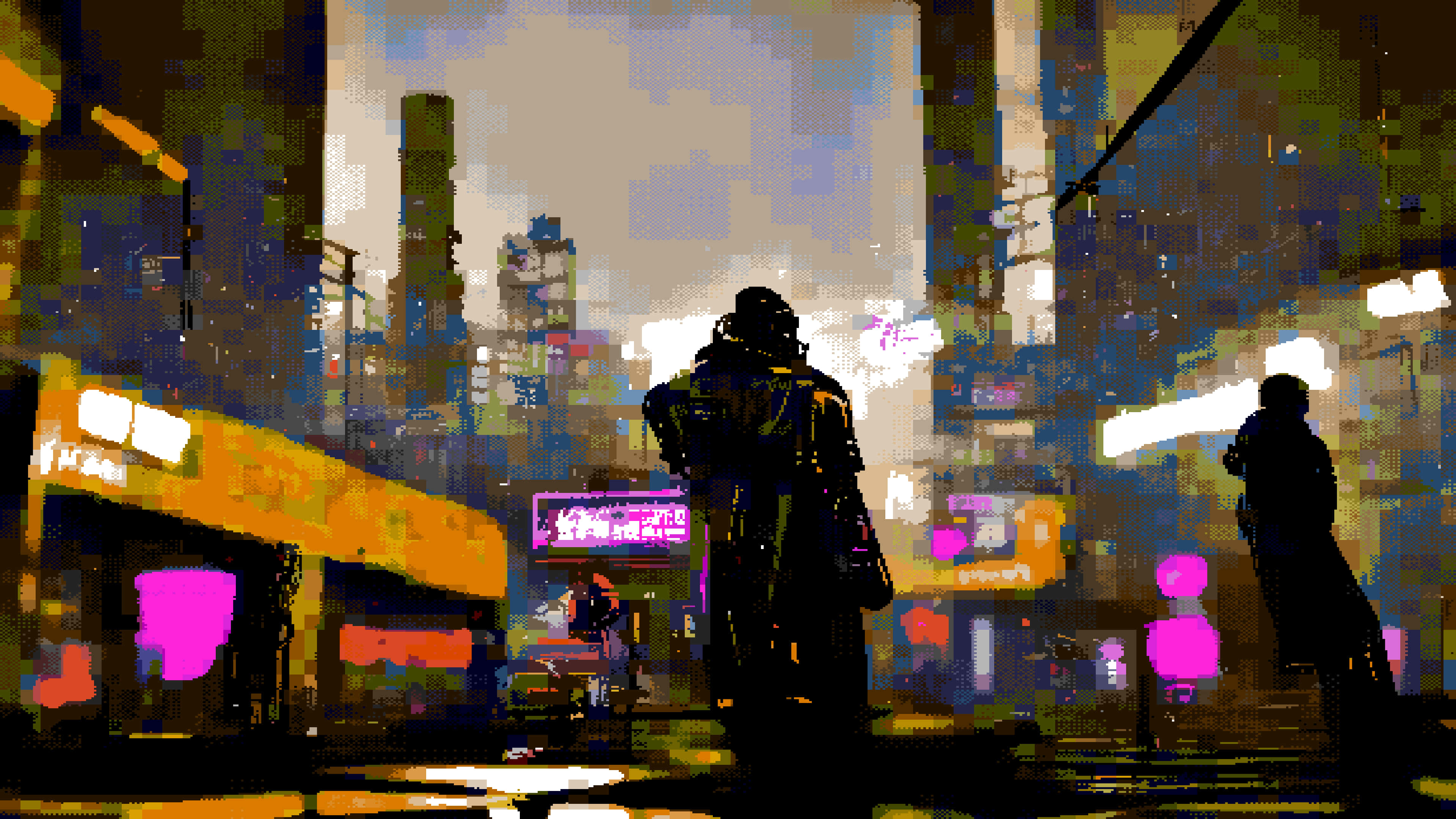City Pixel Art 桌布 壁紙 — 一個孤獨的身影穿著風衣，在夜晚穿過霓虹燈閃爍的賽博龐克城市景觀，周圍是高聳的建築物和發光的招牌。