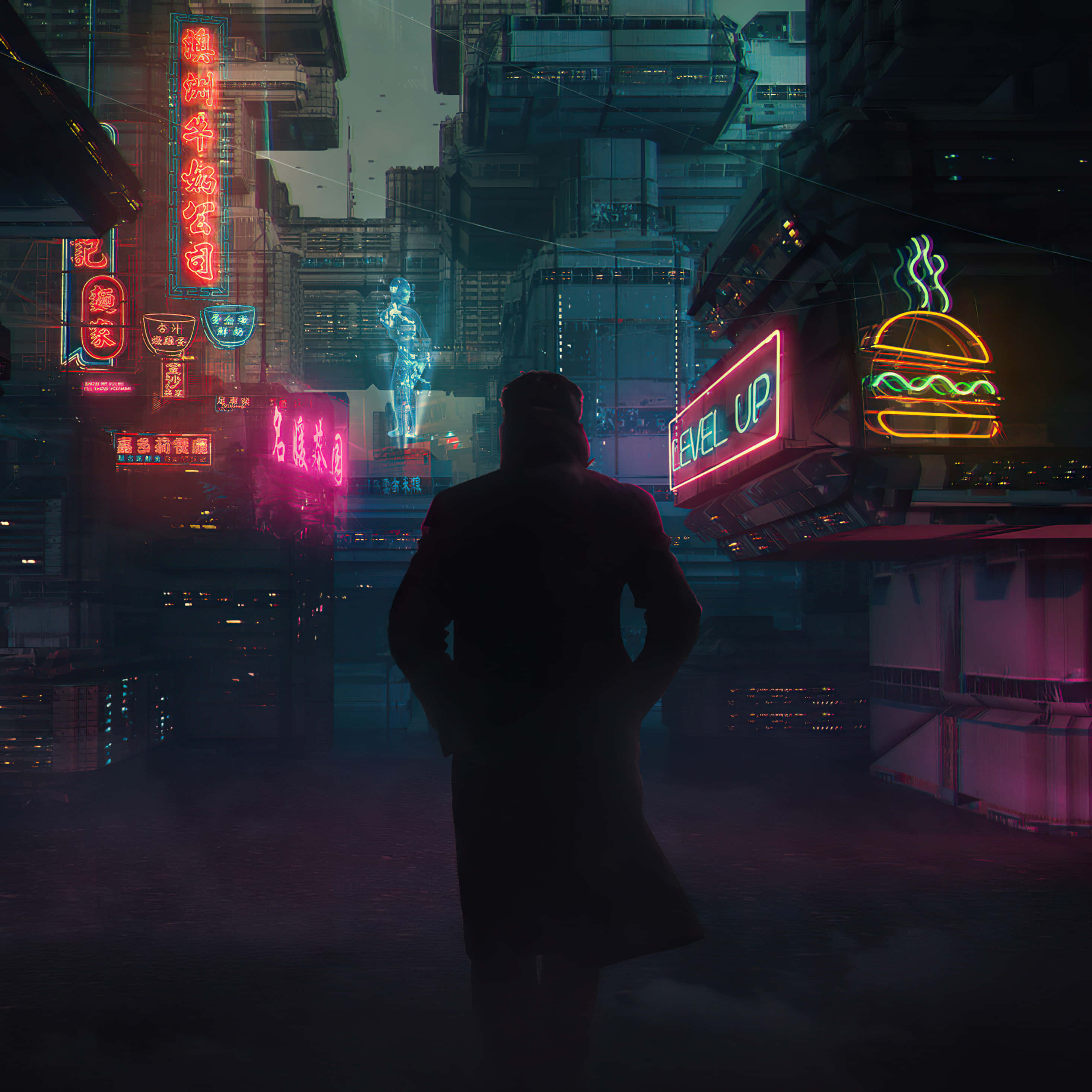 Dark Cyberpunk 桌布 壁紙 — 一個孤獨的身影穿著風衣，在夜晚穿過霓虹燈閃爍的賽博龐克城市景觀，周圍有發光的招牌和高聳的摩天大樓。