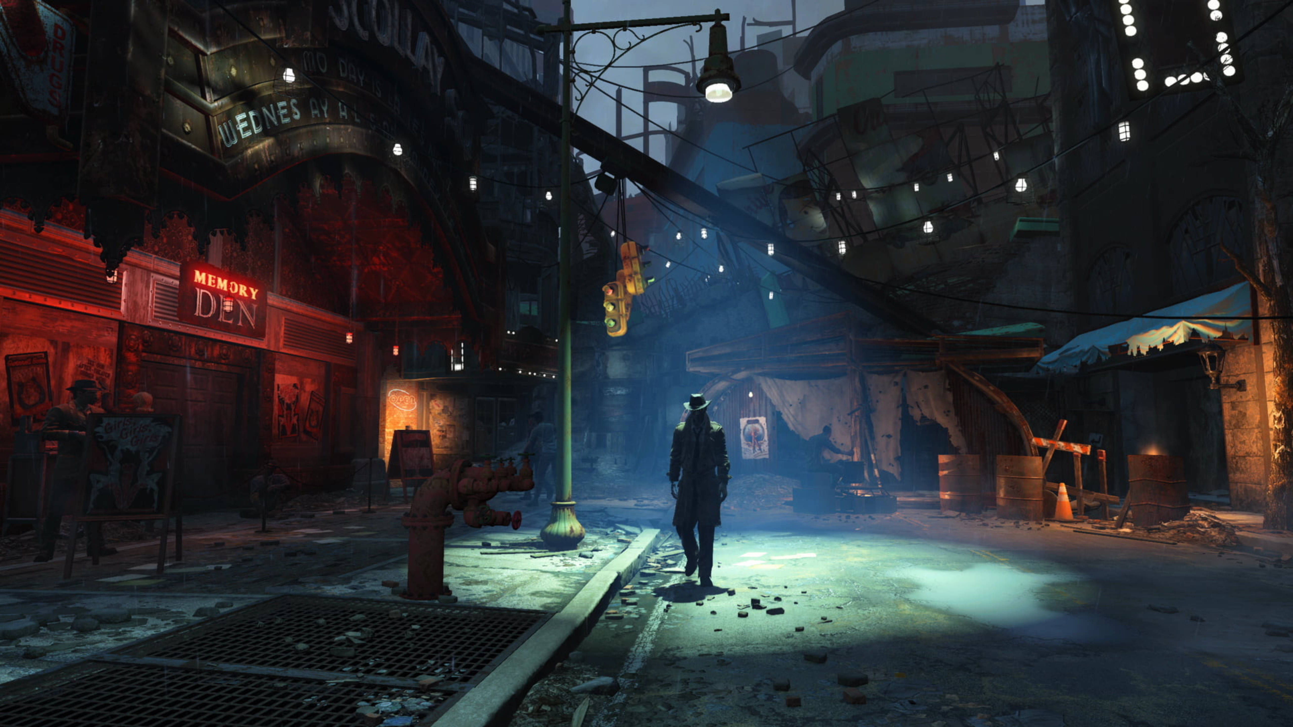 Fallout 4 桌布 壁紙 — 一個孤獨的身影穿著風衣，在夜晚走過一個霓虹燈照亮、雨水濕滑的破舊城市小巷。
