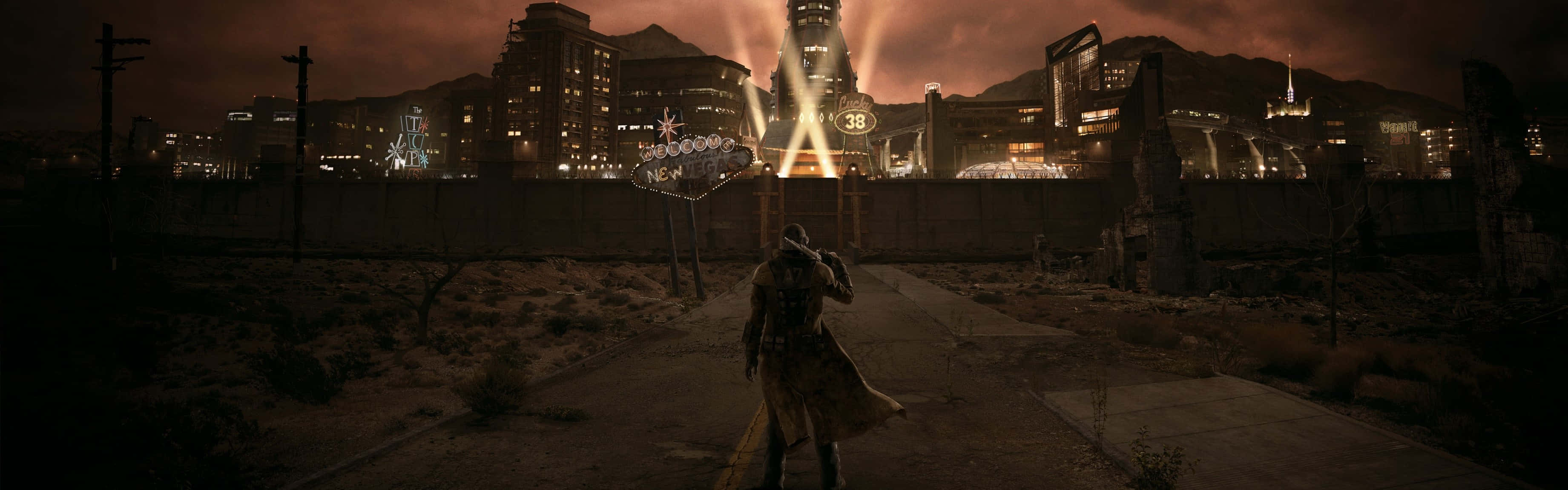Fallout Nv 桌布 壁紙 — 一個孤獨的身影穿著風衣，在黑暗陰沉天空下走向發光的未來城市景觀。