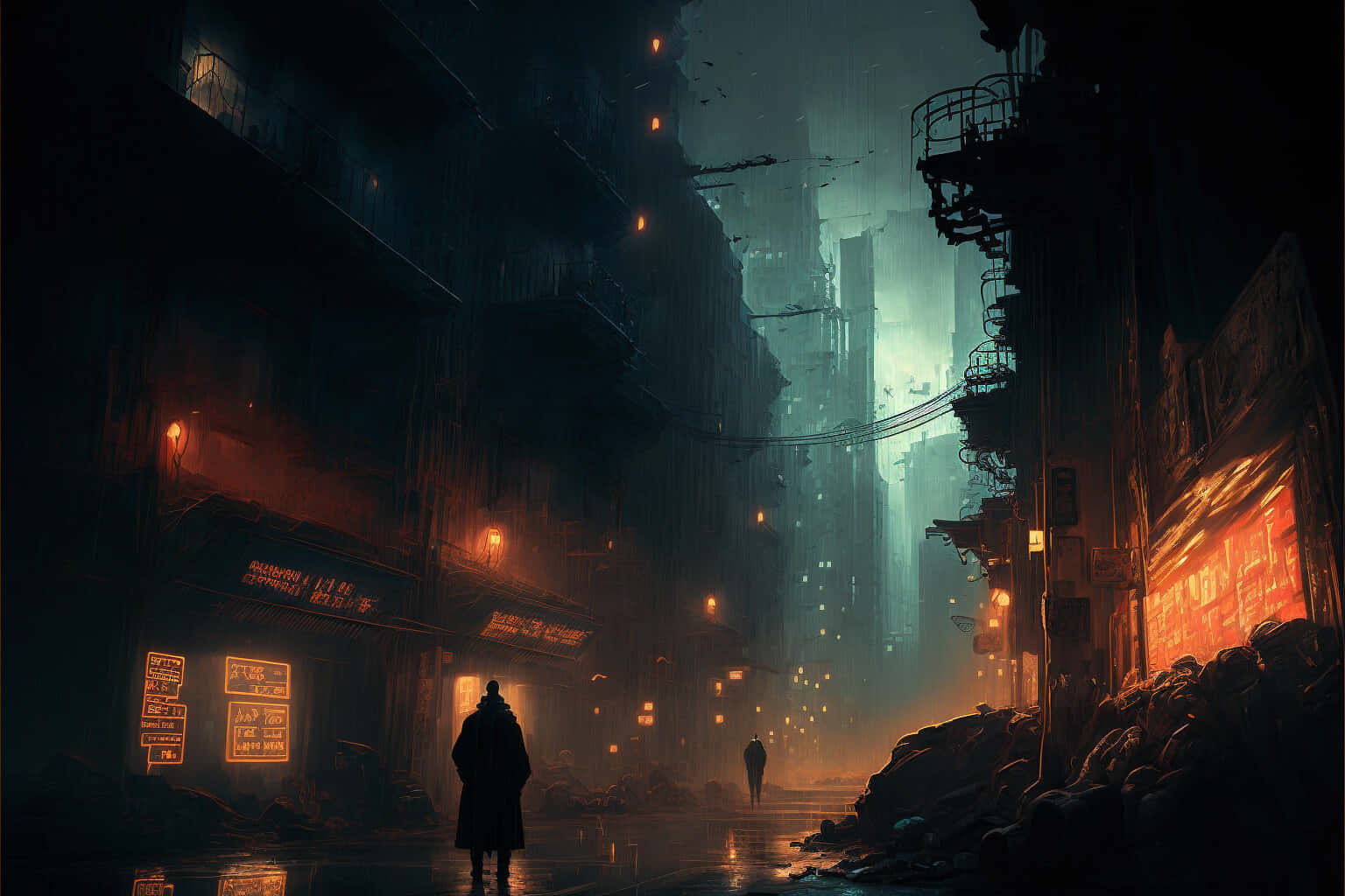 Dark Cyberpunk 桌布 壁紙 — 一個孤獨的身影穿著風衣，走在雨濕的霓虹燈小巷中，兩旁是高聳破敗的城市建築。