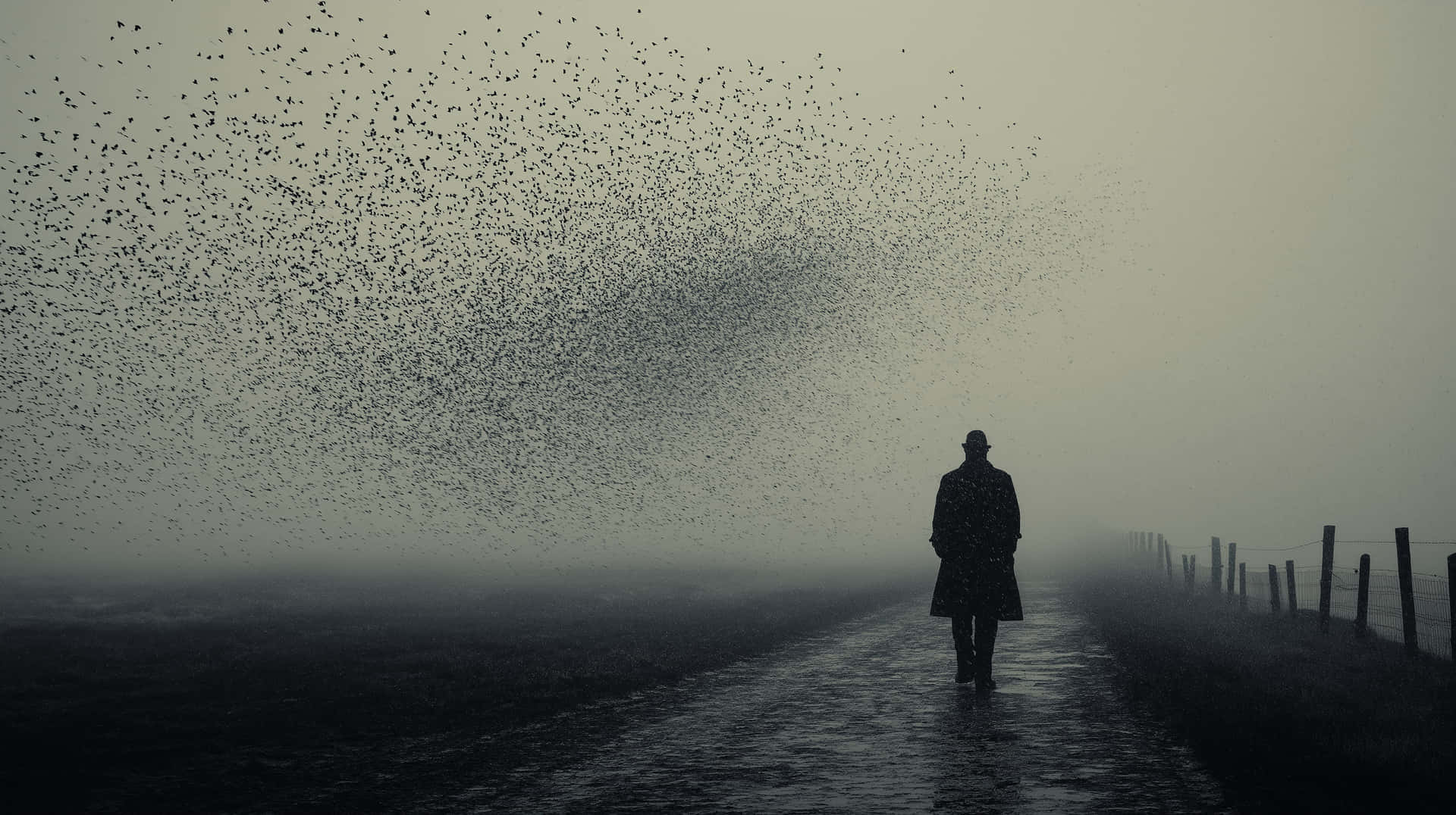 Lone Figure in Mystical Fog with Swirling Birds Above 壁紙 — 一個孤獨的身影穿著風衣，走在霧氣瀰漫的鄉村道路上，一大群鳥在濃密的灰色天空中盤旋。