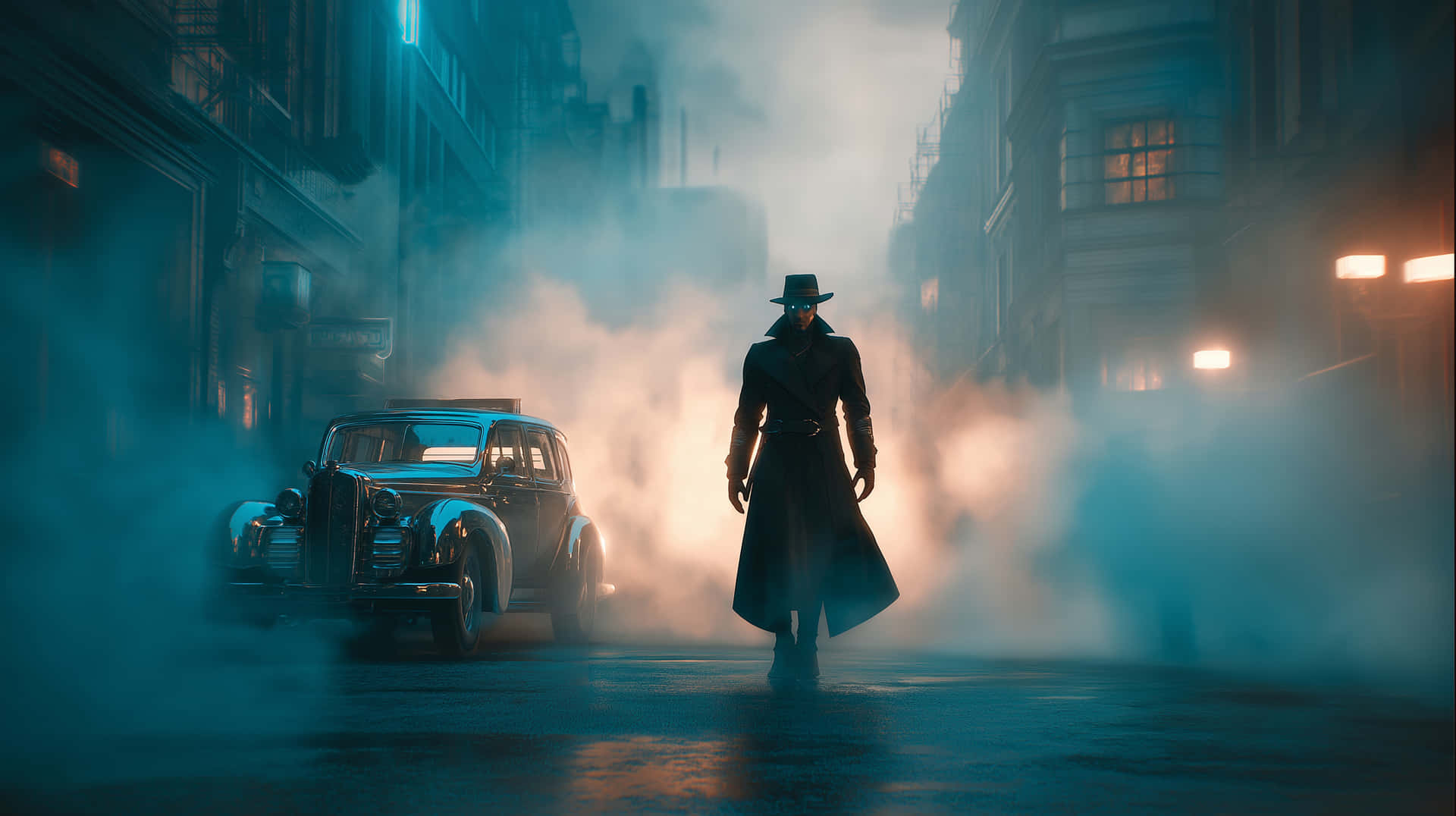 Retro-Futuristic Robot in Foggy City Street with Vehicle 壁紙 — 一個孤獨的身影穿著風衣和軟呢帽，在煙霧瀰漫的霓虹燈城市街道上，旁邊有一輛復古汽車。