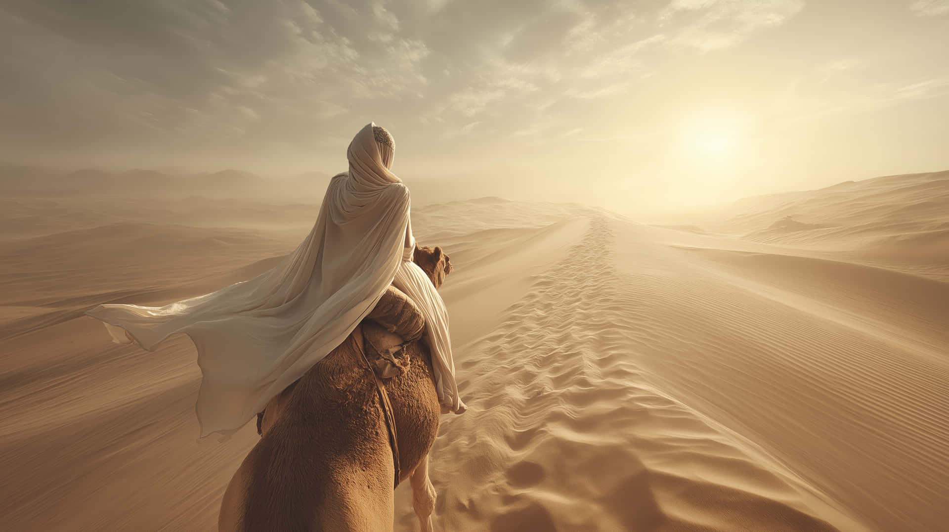 Elegant Figure on Camel, Desert Path at Golden Sunset 壁紙 — 一個孤獨的身影穿著飄逸的白袍，騎著駱駝穿越無盡的金色沙丘，朝向地平線上發光的太陽。