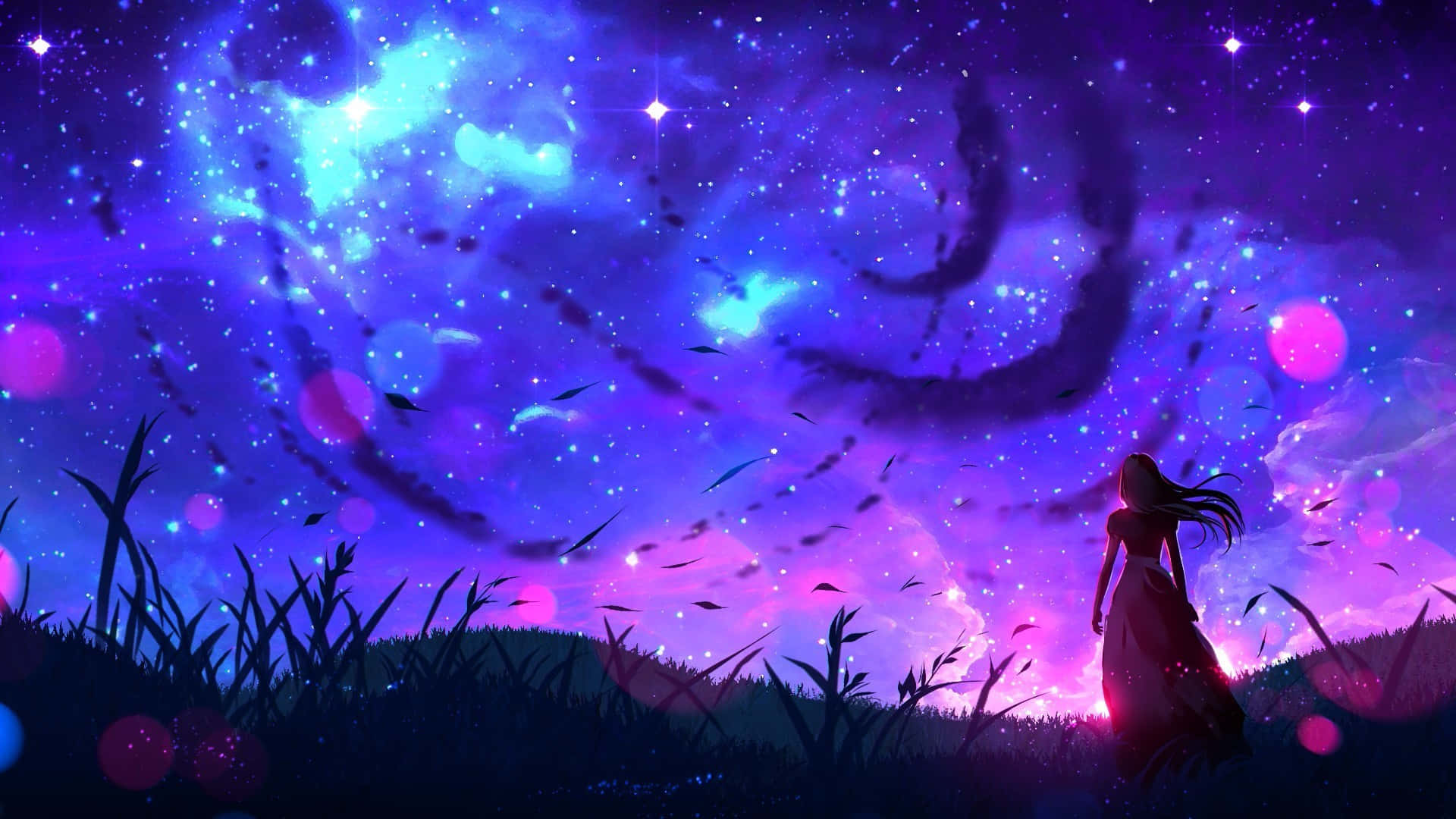 Night Anime 桌布 壁紙 — 一個孤獨的身影穿著飄逸的連衣裙，站在長滿草的山丘上，仰望充滿星星、星雲和發光球體的充滿活力的宇宙天空。