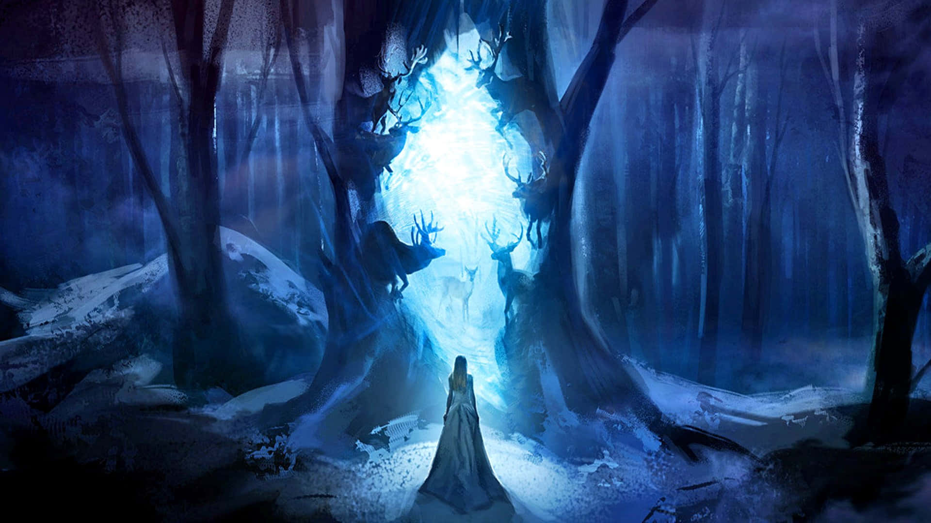 魔法動圖 桌布 壁紙 — 一個孤獨的身影穿著飄逸的長袍，站在雪地森林中一個發光的藍色傳送門前，周圍環繞著幽靈般的鹿和高聳的樹木。
