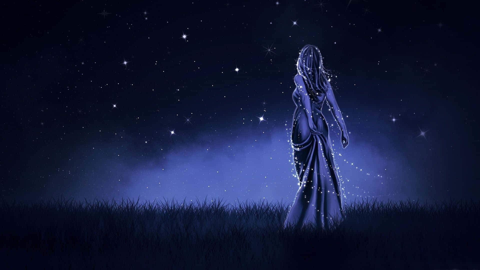 Stars 桌布 壁紙 — 一個孤獨的身影穿著飄逸的長袍，站在星光閃爍的田野中，仰望佈滿閃爍星星的廣闊夜空。