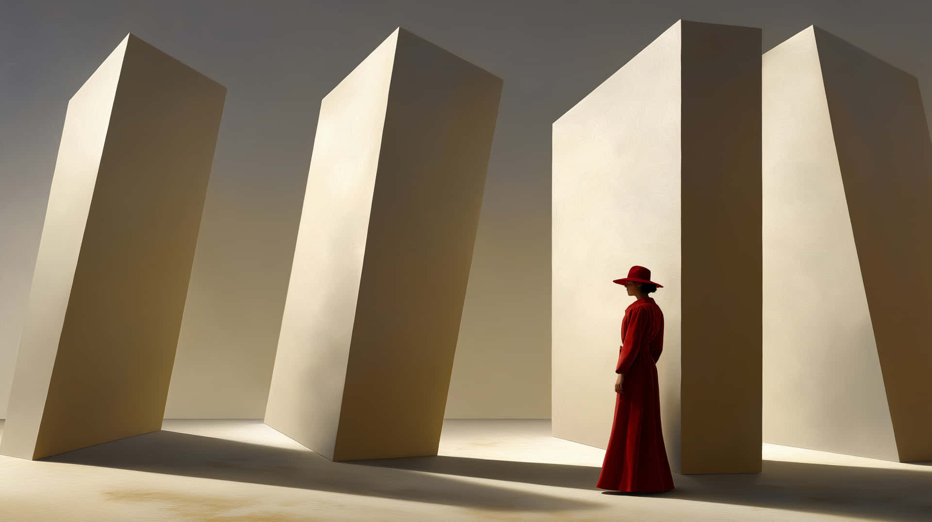 Woman in Red Amidst Bold Geometric Architectural Forms 壁紙 — 一個孤獨的身影穿著鮮紅色的外套和帽子，站在高聳的米色巨石之間，天空陰沉。