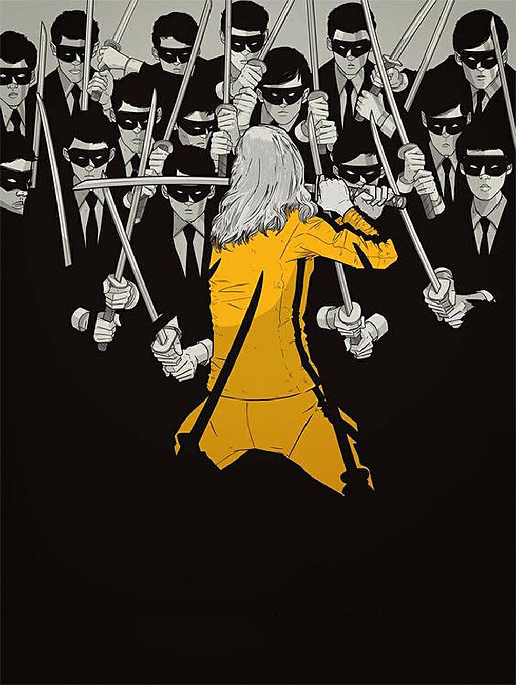 Kill Bill 桌布 壁紙 — 一個孤獨的身影穿著黃色套裝，在鮮明的黑白插圖中反擊一群揮舞劍的蒙面男子。