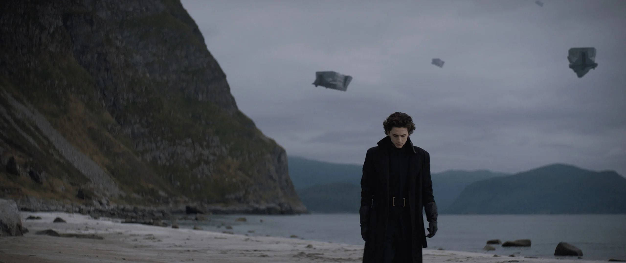 Timothée Chalamet 桌布 壁紙 — 一個孤獨的身影穿著黑色外套，站在霧氣瀰漫的海岸沙灘上，浮動的石頭巨石在陰雲密佈的天空中飄移。