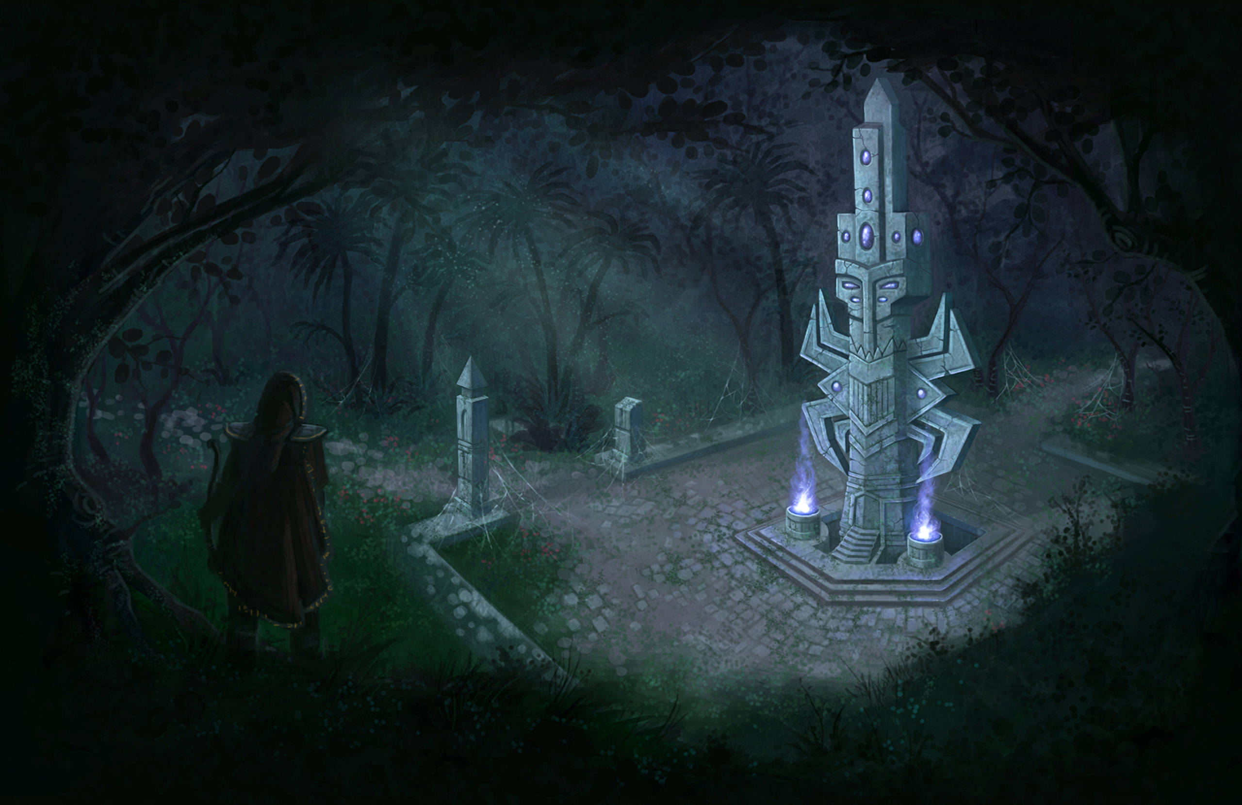 Lich 桌布 壁紙 — 一個孤獨的身影穿著黑色斗篷，在夜晚霧氣瀰漫的魔法森林中，站在一個發光的神秘石頭紀念碑前。