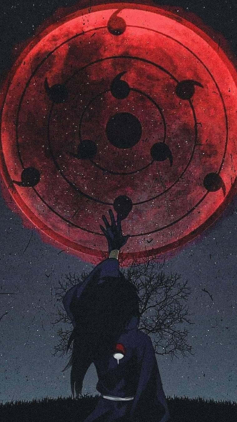 桌布 壁紙 — 一個孤獨的身影穿著黑色斗篷，在繁星點點的夜空下，向著帶有黑色巴紋的巨大紅月伸出手。