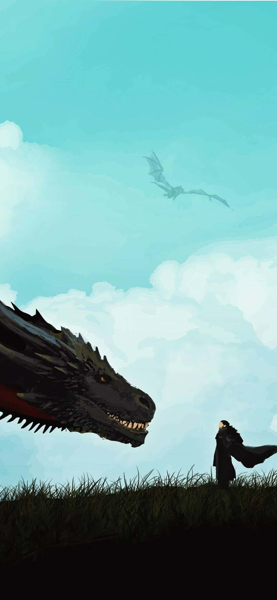 Game Of Thrones iPhone 桌布 壁紙 — 一個孤獨的身影穿著黑色斗篷站在長滿草的山丘上，面對一個從下方出現的巨大龍頭，背景是淡藍色的天空，遠處有一條飛龍。