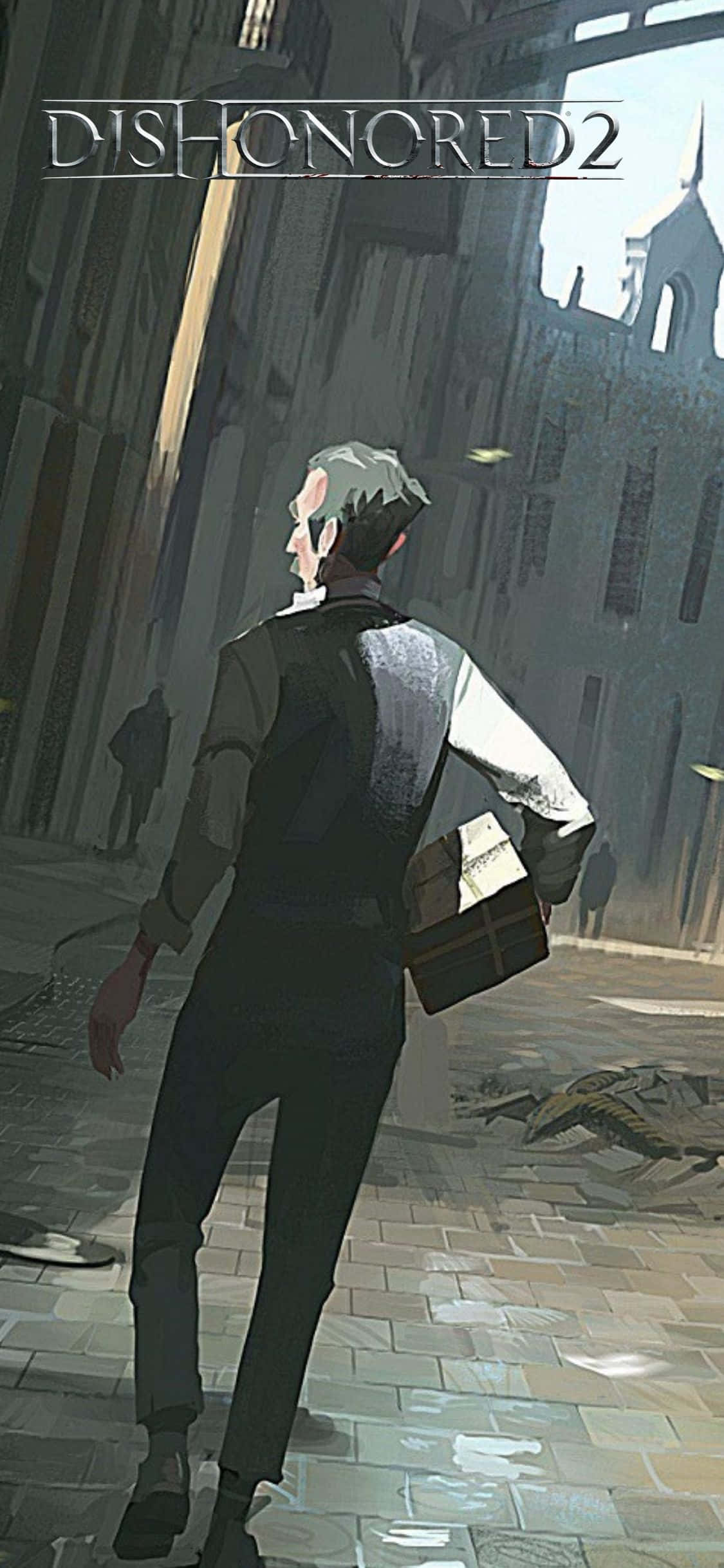 Box 桌布 壁紙 — 一個孤獨的身影穿過 Dishonored 2 中一條狹窄、陽光普照的鵝卵石小巷，身處哥德式城市景觀中。