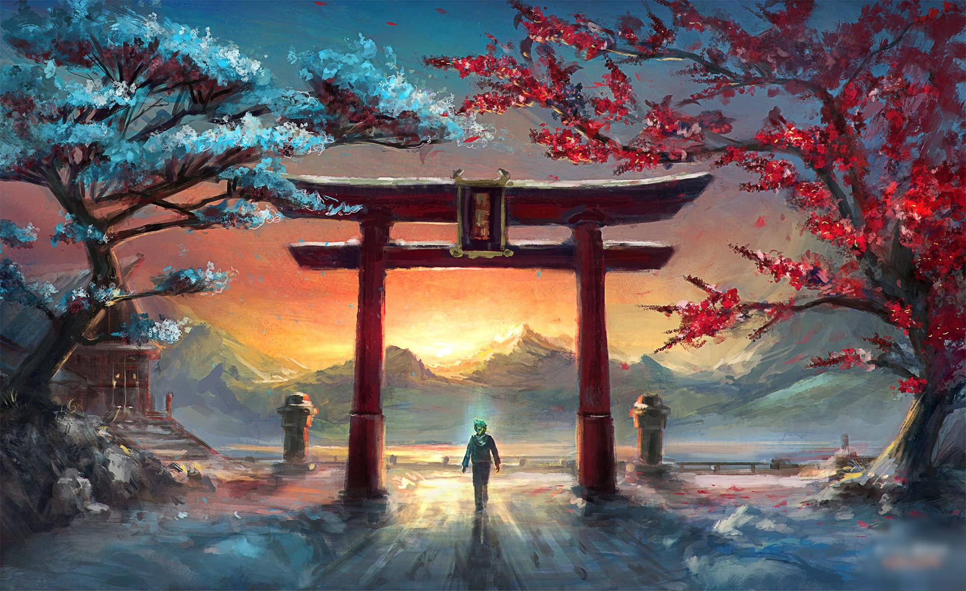 Torii 桌布 壁紙 — 一個孤獨的身影穿過櫻花環繞的紅色鳥居，背景是充滿活力的日落天空。