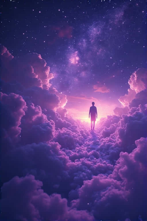 Starlit Journey Walking the Cloud Path 壁紙 — 一個孤獨的身影穿過發光的紫色雲層，走向在繁星銀河天空下閃耀的宇宙地平線。