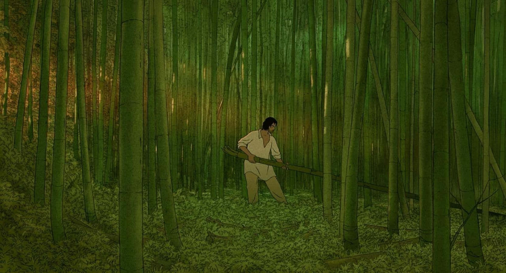 The Red Turtle 桌布 壁紙 — 一個孤獨的身影穿過茂密的竹林，沐浴在透過高大綠色竹桿灑落的金色陽光中。