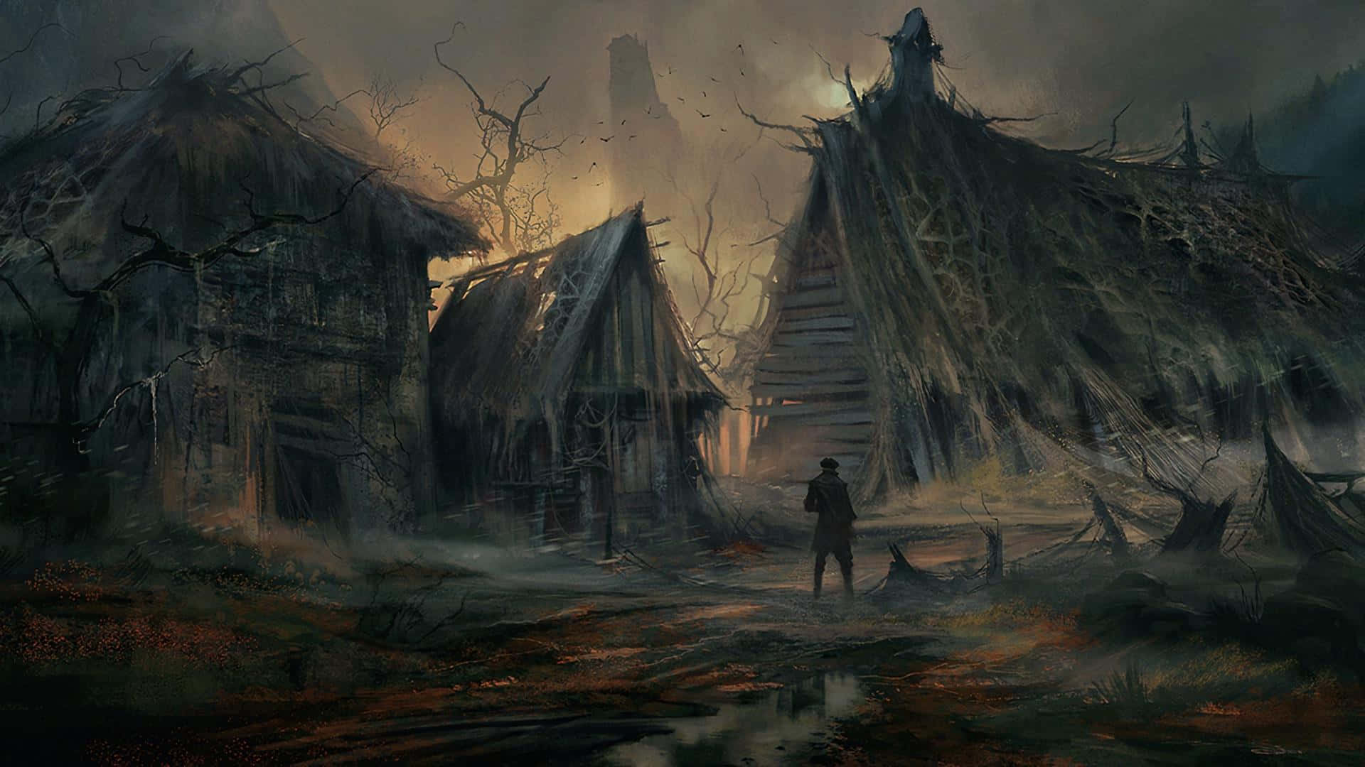 Game Art 桌布 壁紙 — 一個孤獨的身影穿過荒涼的鬼村，村中有搖搖欲墜的小屋和扭曲的樹木，天空陰沉昏暗。