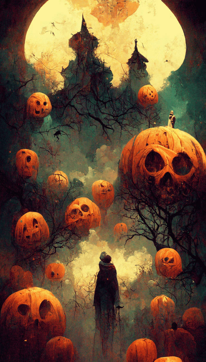Halloween Phone 桌布 壁紙 — 一個孤獨的身影穿過迷霧森林，森林裡充滿了巨大的發光南瓜燈，頭頂是一輪巨大的滿月。