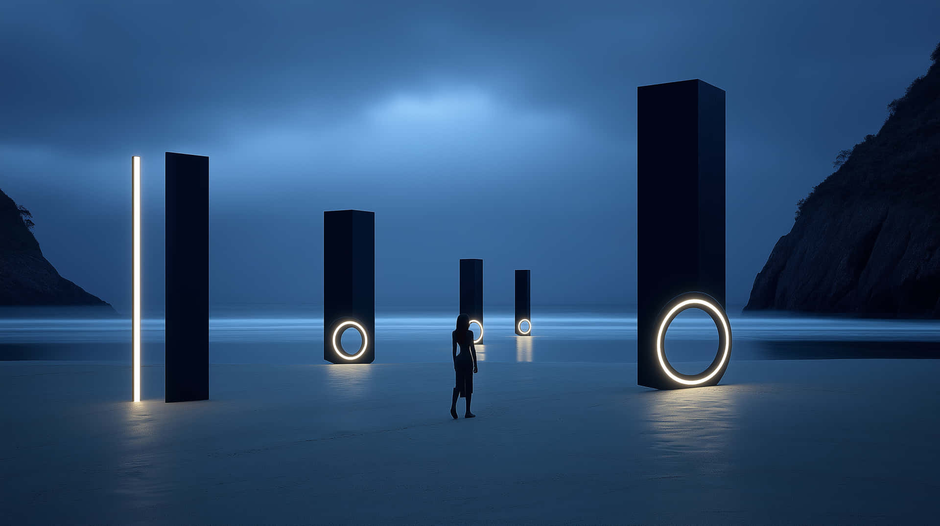 Abstract Illuminated Pillars on Dark Beach Landscape 壁紙 — 一個孤獨的身影穿過霧氣瀰漫的海岸平原，走向暮色天空下發光的幾何雕塑。