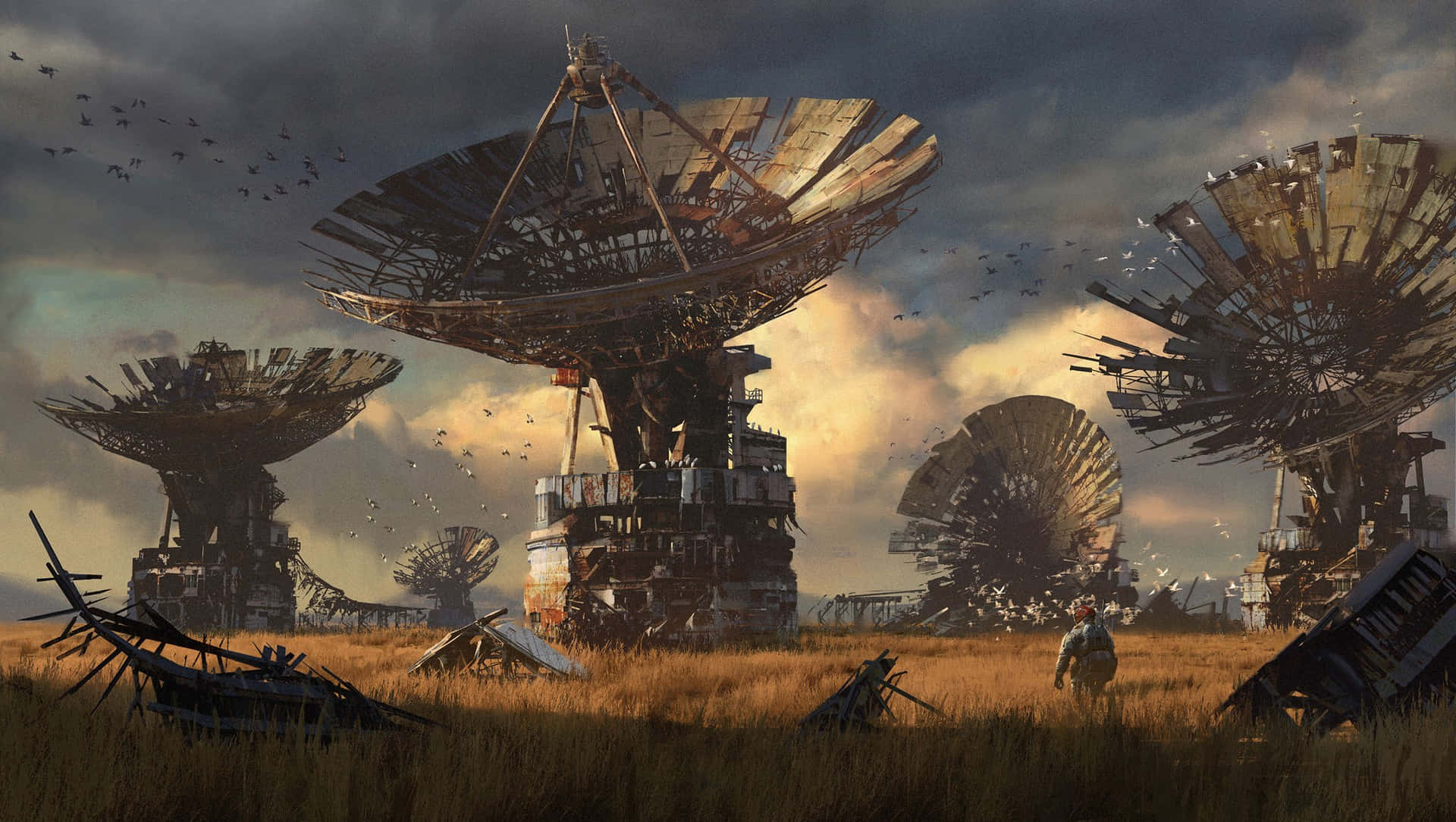Conceptual Art 桌布 壁紙 — 一個孤獨的身影穿過高草，經過巨大的生鏽衛星天線，天空風暴來臨，鳥兒飛翔。
