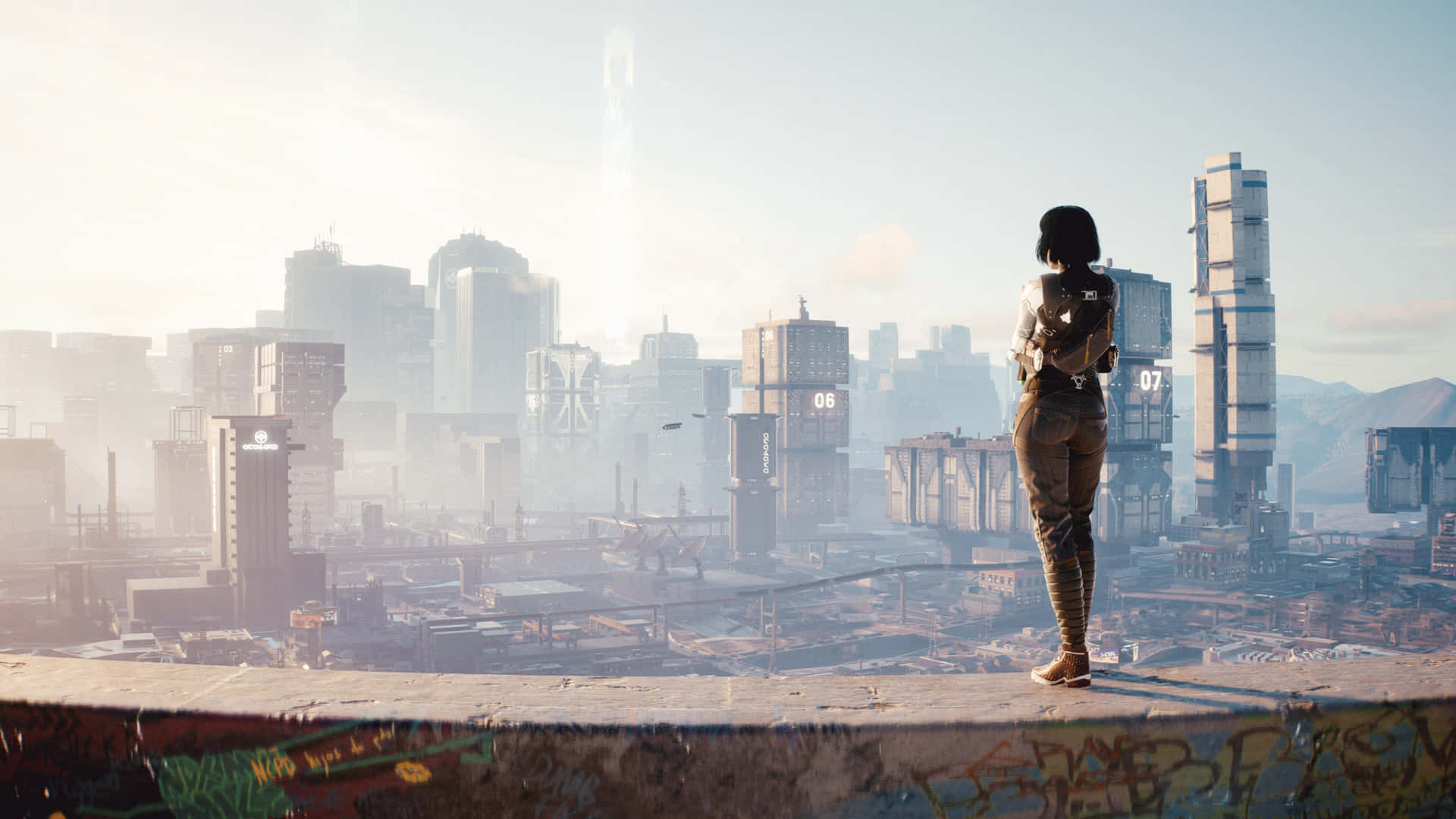 1080p Cyberpunk 2077 桌布 壁紙 — 一個孤獨的身影站在一個佈滿塗鴉的窗台上，俯瞰著沐浴在柔和晨光中的廣闊未來城市景觀。
