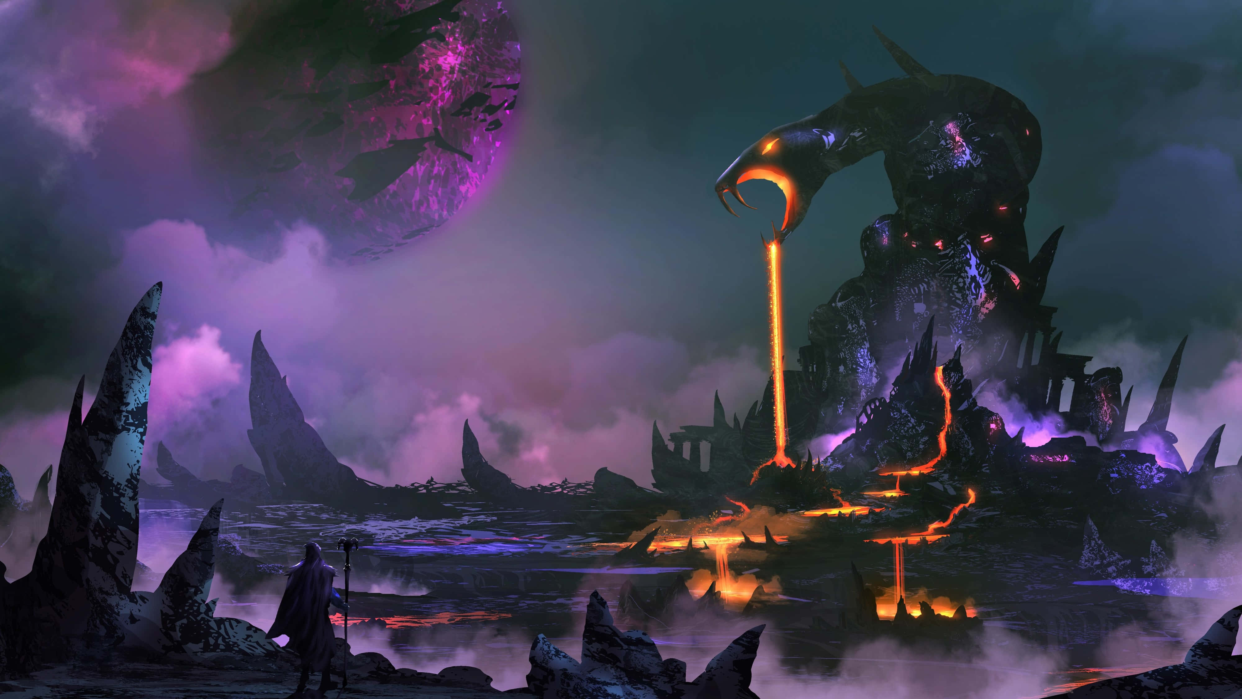 monsters 桌布 壁紙 — 一個孤獨的身影站在一個巨大的噴熔岩怪物面前，在紫色月亮下，霧氣瀰漫的外星荒地。