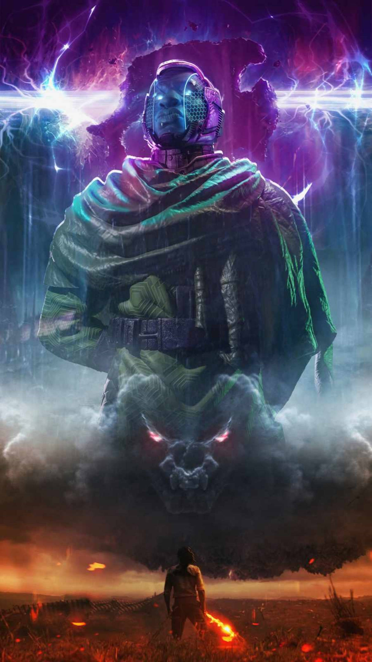 Conqueror 桌布 壁紙 — 一個孤獨的身影站在一個巨大的外星神面前，祂的眼睛發光，散發著暴風般的紫色光環，下方是熾熱的戰場。
