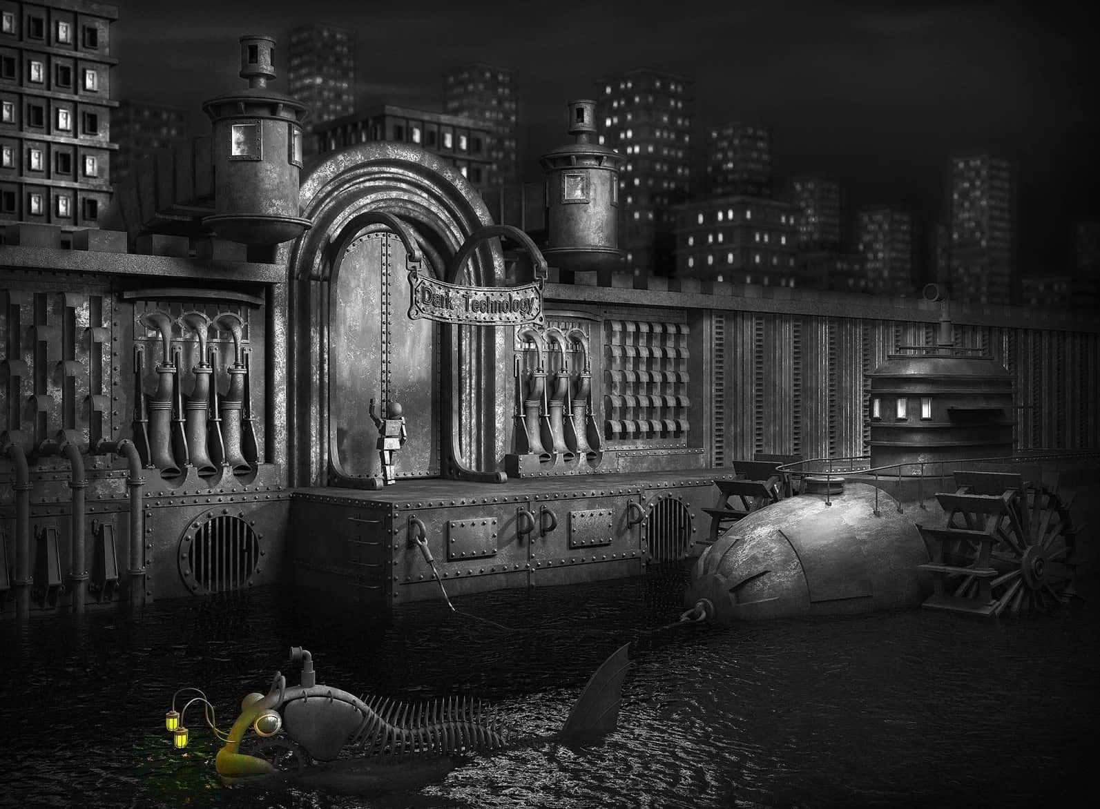 Dark Gothic 桌布 壁紙 — 一個孤獨的身影站在一個巨大的工業閘門前，背景是夜晚被洪水淹沒的反烏托邦城市景觀，有淹沒的車輛和發光的燈籠。